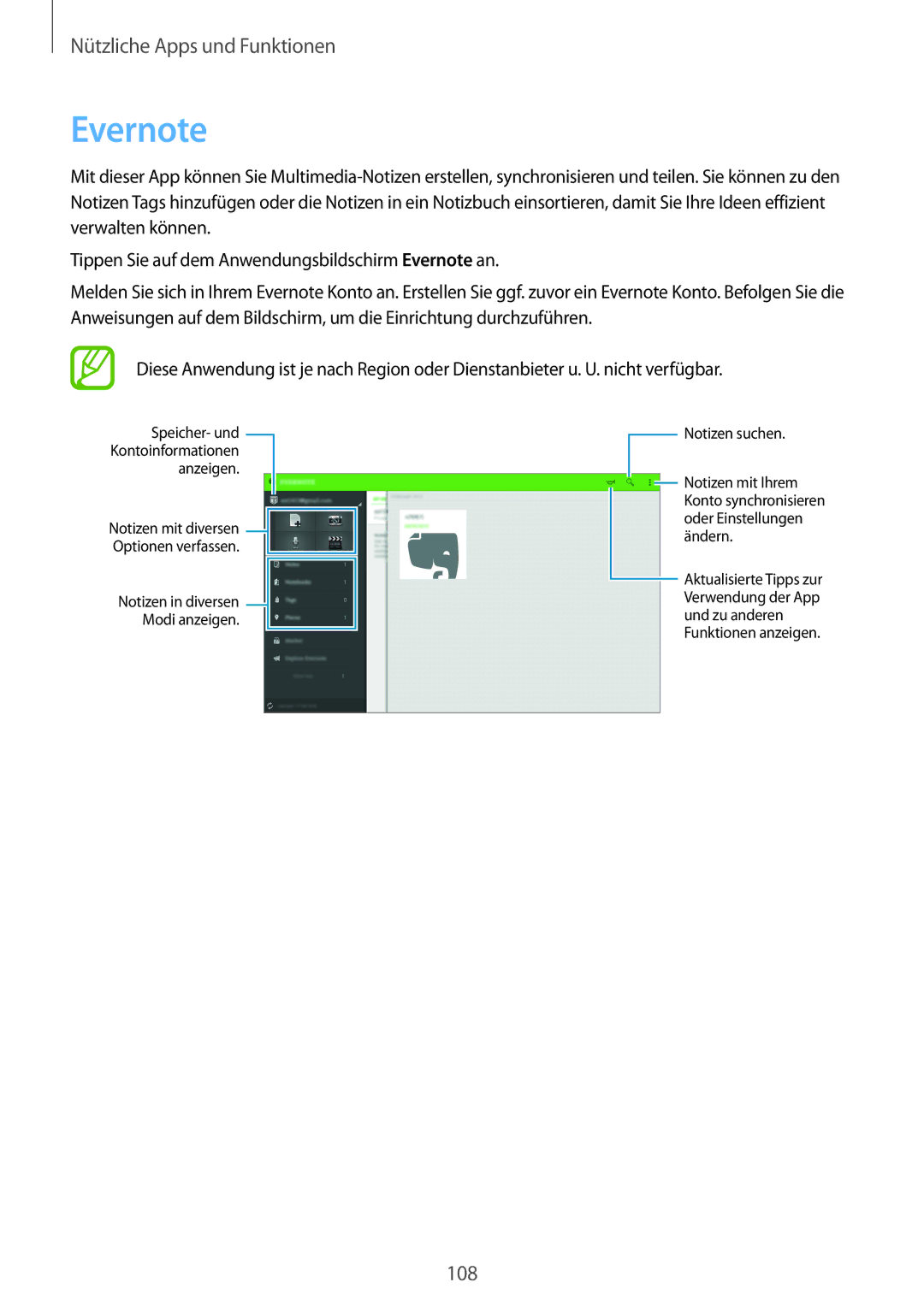 Samsung SM-T800NTSADBT, SM-T800NZWAEUR, SM-T800NTSAATO, SM-T800NHAAATO, SM-T800NTSASEB manual Evernote, Notizen suchen 