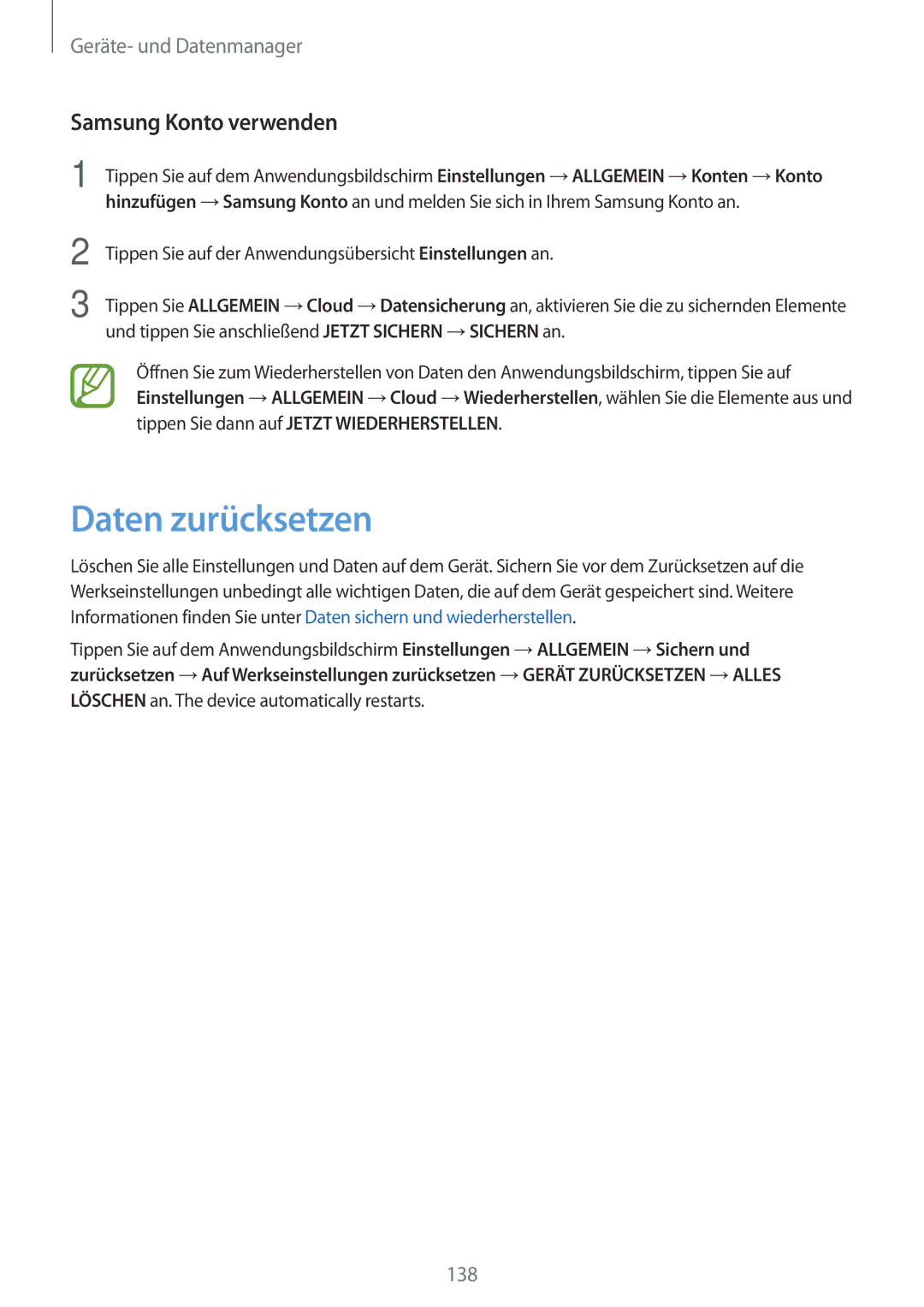 Samsung SM-T800NTSAXEO, SM-T800NZWAEUR, SM-T800NTSAATO, SM-T800NHAAATO manual Daten zurücksetzen, Samsung Konto verwenden 