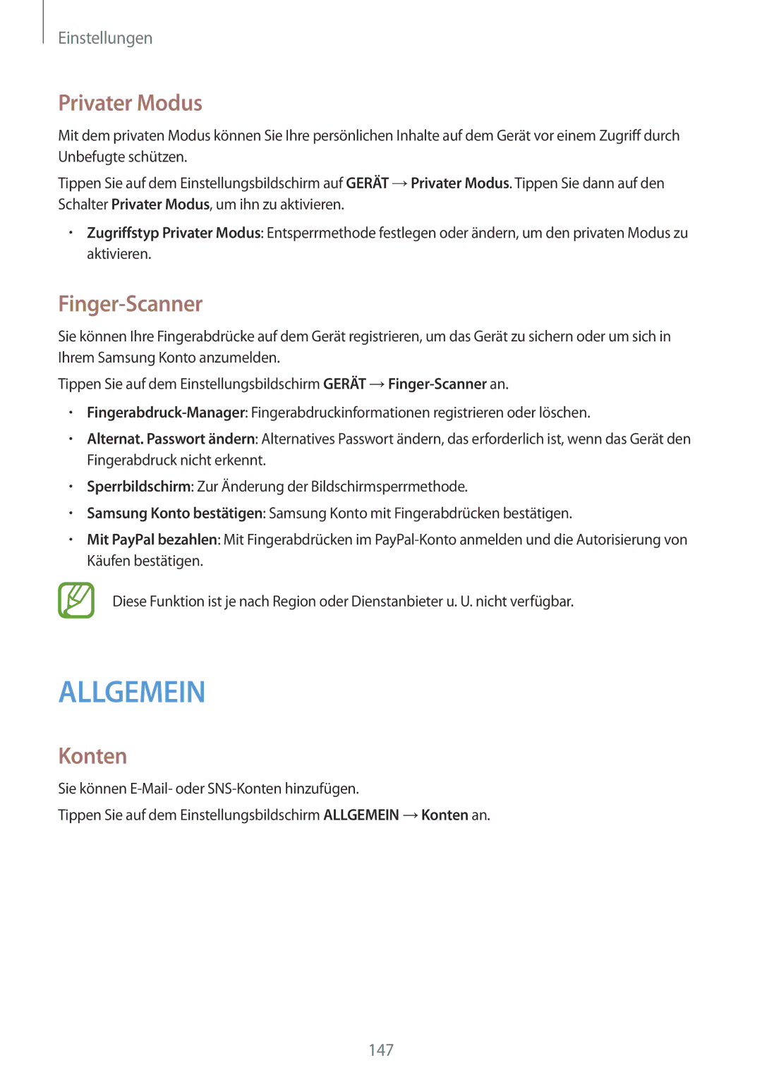 Samsung SM-T800NZWAATO, SM-T800NZWAEUR, SM-T800NTSAATO, SM-T800NHAAATO, SM-T800NTSASEB Privater Modus, Finger-Scanner, Konten 