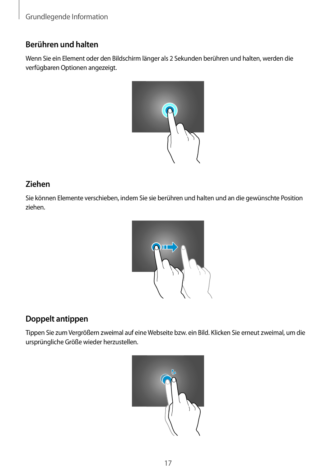 Samsung SM-T800NZWEXEF, SM-T800NZWAEUR, SM-T800NTSAATO, SM-T800NHAAATO manual Berühren und halten, Ziehen, Doppelt antippen 