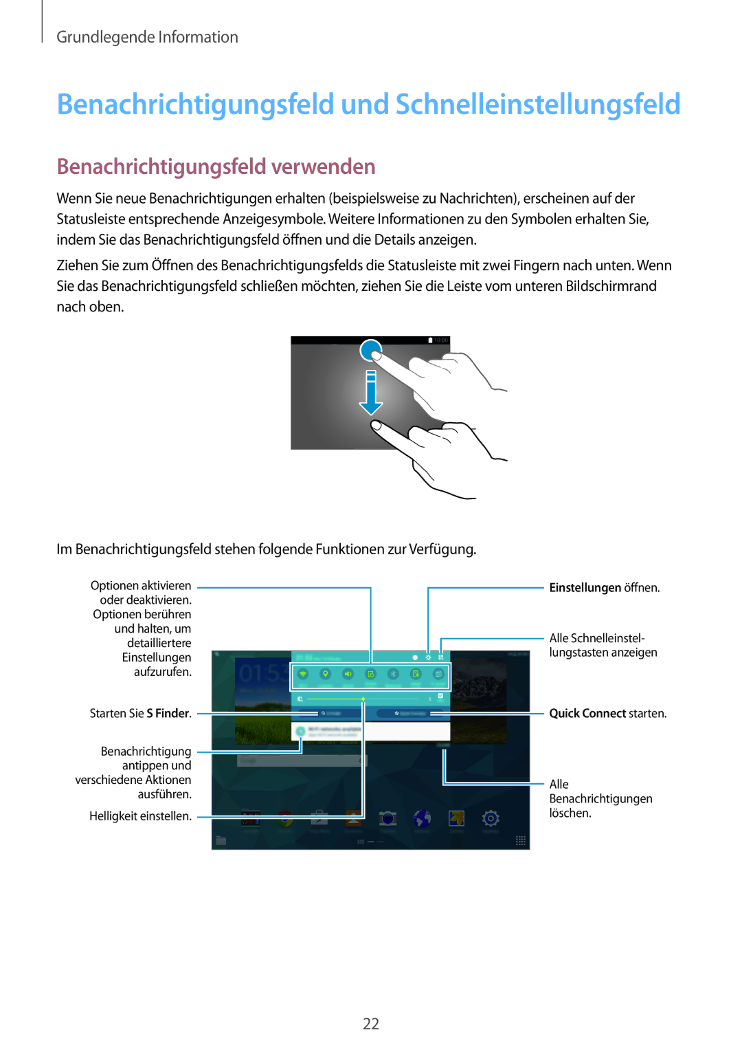 Samsung SM-T800NTSASEB, SM-T800NZWAEUR Benachrichtigungsfeld und Schnelleinstellungsfeld, Benachrichtigungsfeld verwenden 