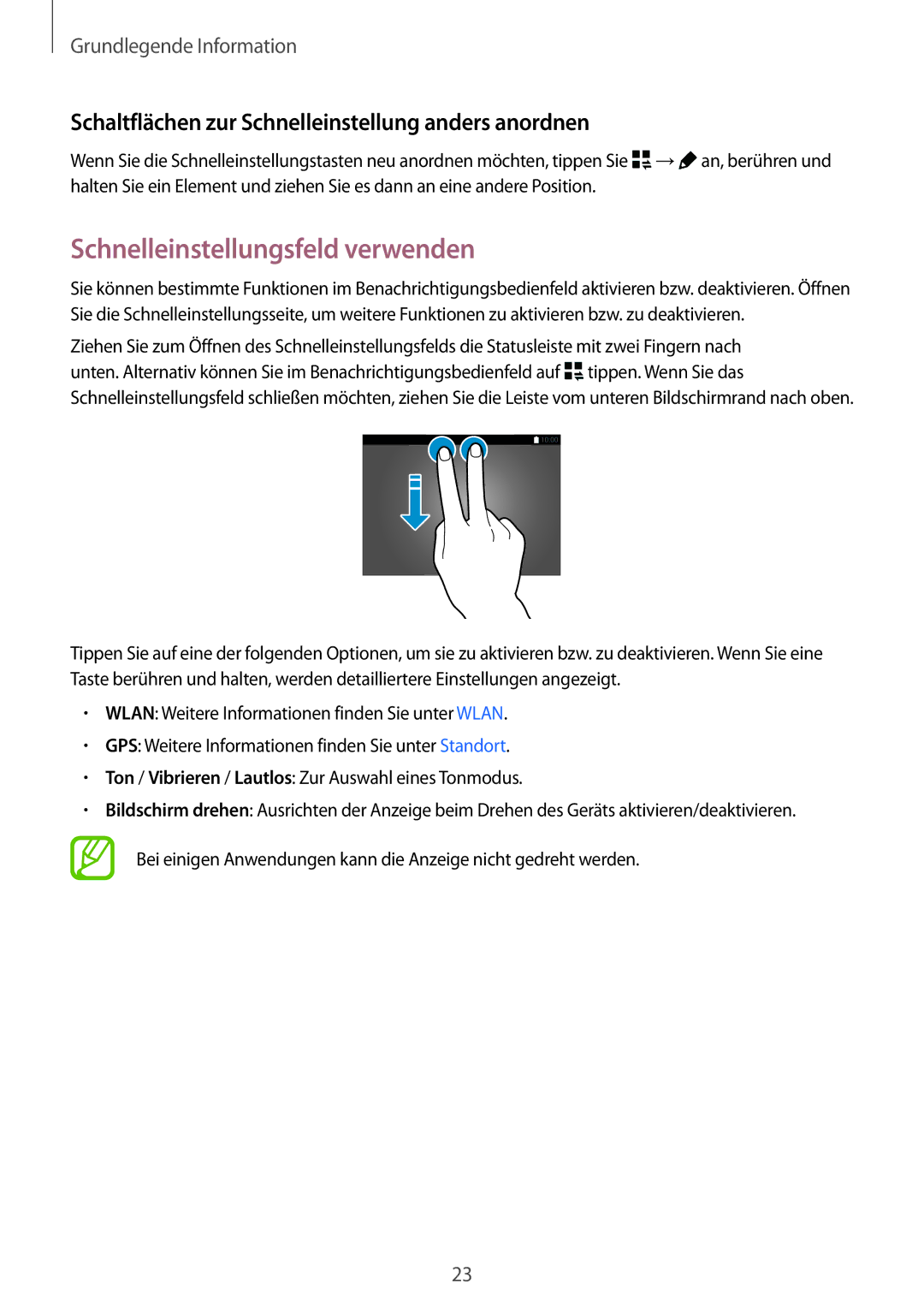 Samsung SM-T800NZWADBT manual Schnelleinstellungsfeld verwenden, Schaltflächen zur Schnelleinstellung anders anordnen 