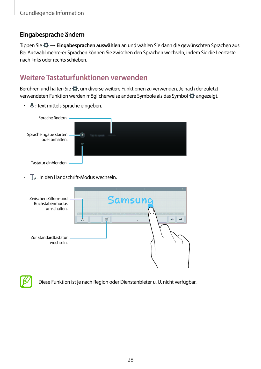 Samsung SM-T800NTSAEUR, SM-T800NZWAEUR, SM-T800NTSAATO manual Weitere Tastaturfunktionen verwenden, Eingabesprache ändern 