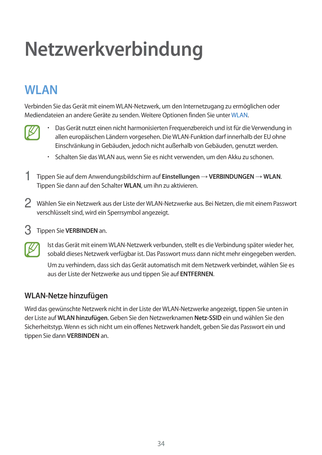 Samsung SM-T800NHAADBT, SM-T800NZWAEUR, SM-T800NTSAATO, SM-T800NHAAATO manual Netzwerkverbindung, WLAN-Netze hinzufügen 