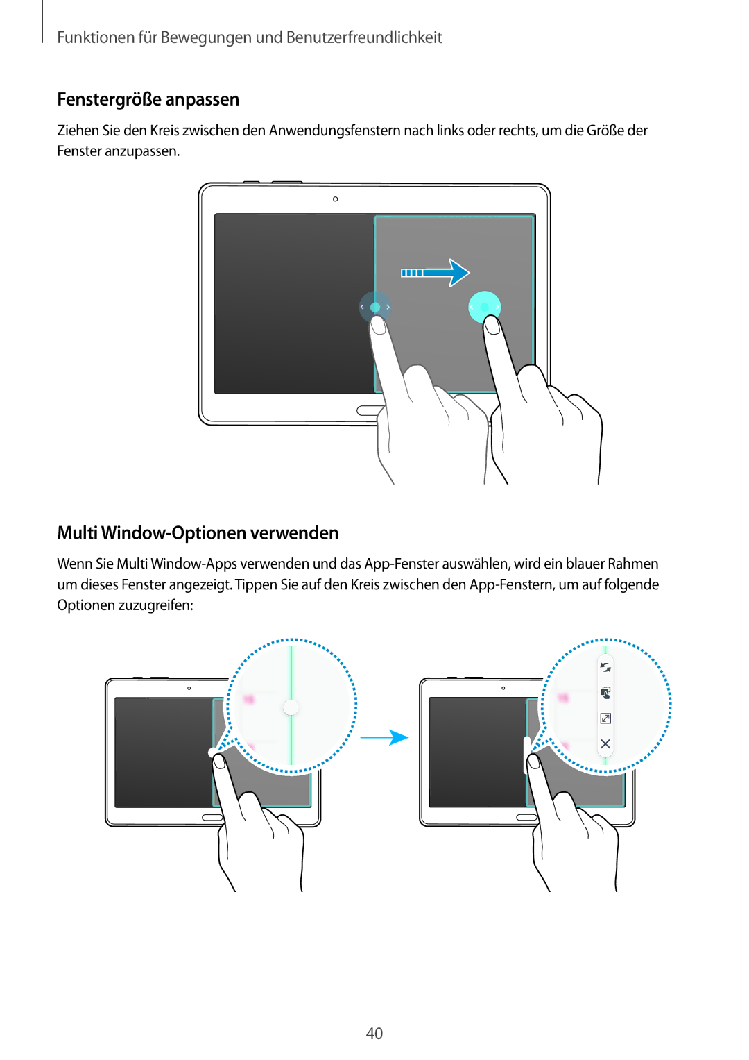 Samsung SM-T800NHAAATO, SM-T800NZWAEUR, SM-T800NTSAATO manual Fenstergröße anpassen, Multi Window-Optionen verwenden 