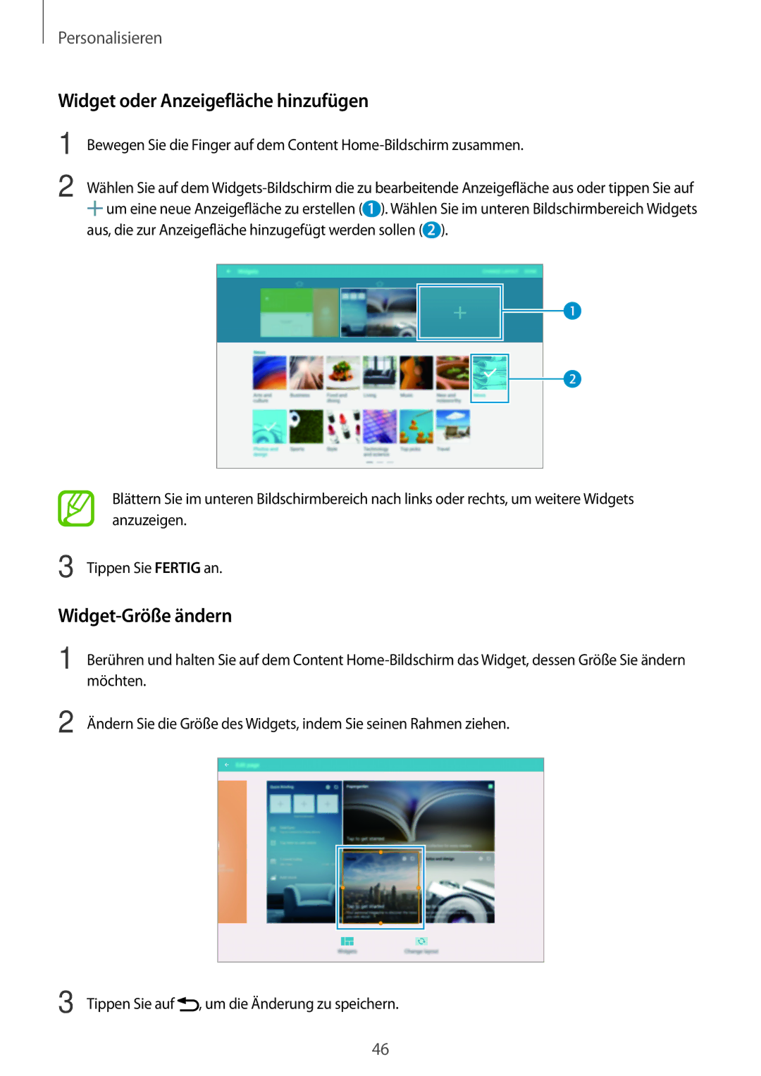 Samsung SM-T800NTSETPH, SM-T800NZWAEUR, SM-T800NTSAATO manual Widget oder Anzeigefläche hinzufügen, Widget-Größe ändern 