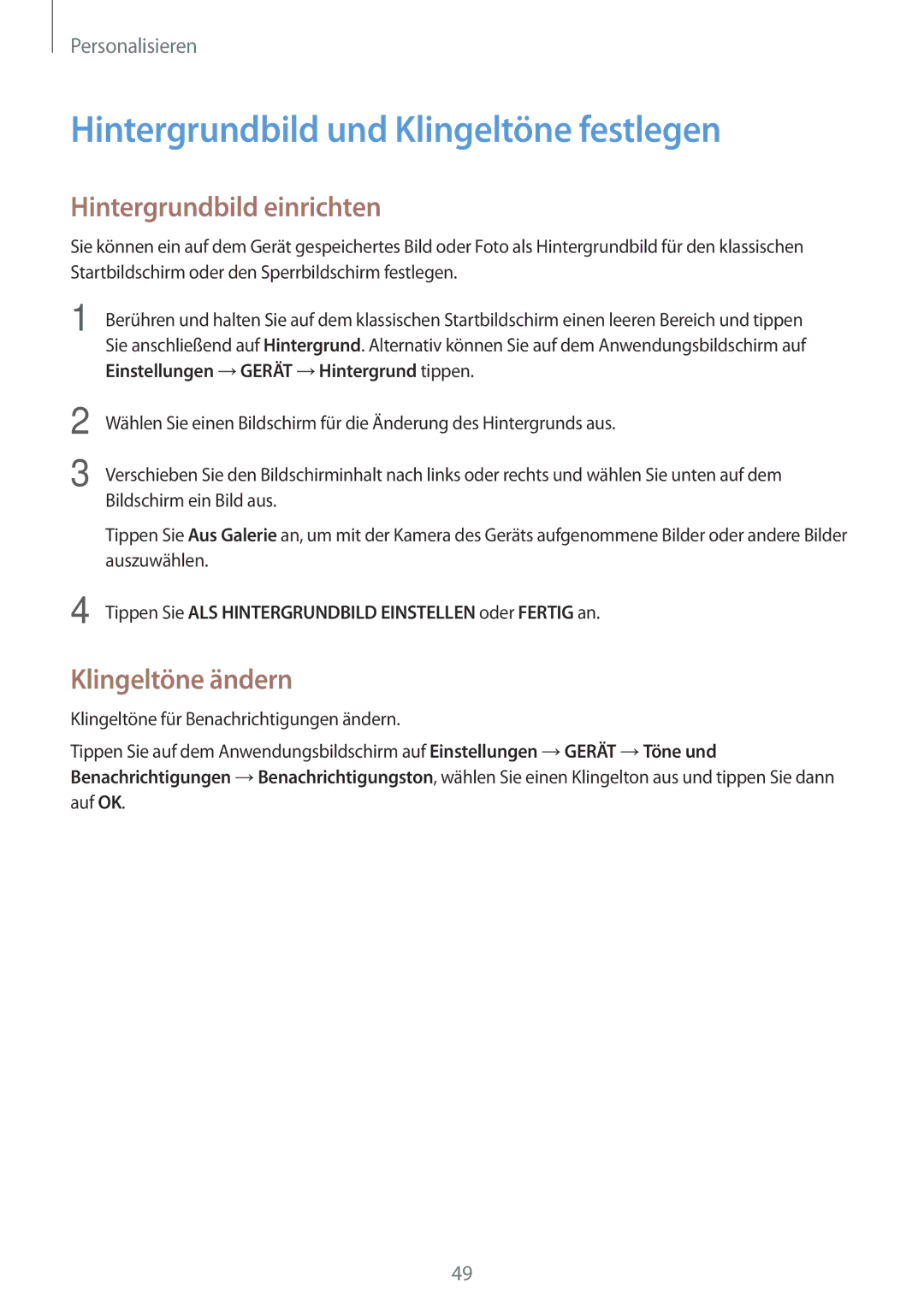 Samsung SM-T800NZWASEB manual Hintergrundbild und Klingeltöne festlegen, Hintergrundbild einrichten, Klingeltöne ändern 