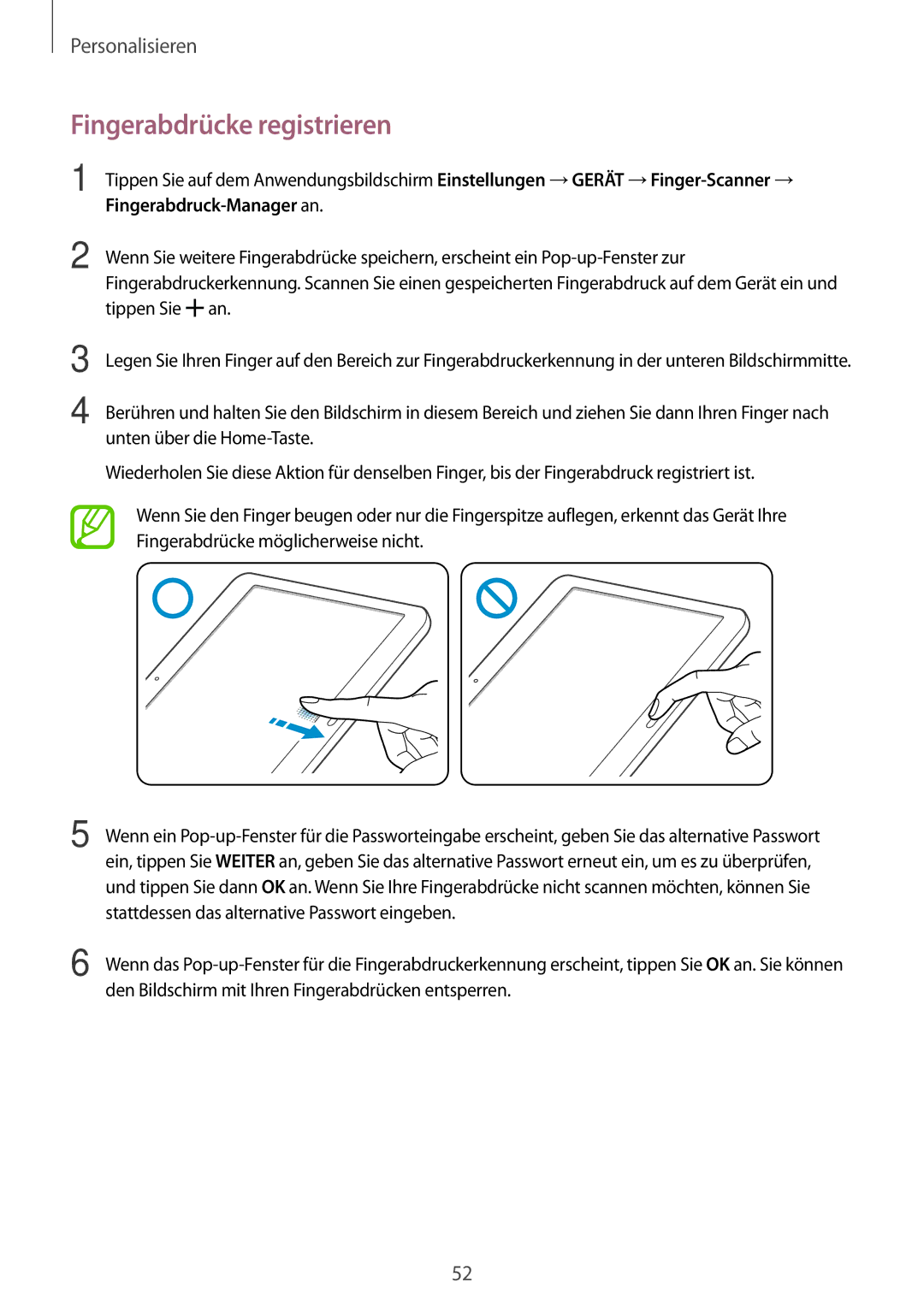 Samsung SM-T800NZWAATO, SM-T800NZWAEUR, SM-T800NTSAATO, SM-T800NHAAATO Fingerabdrücke registrieren, Fingerabdruck-Manager an 