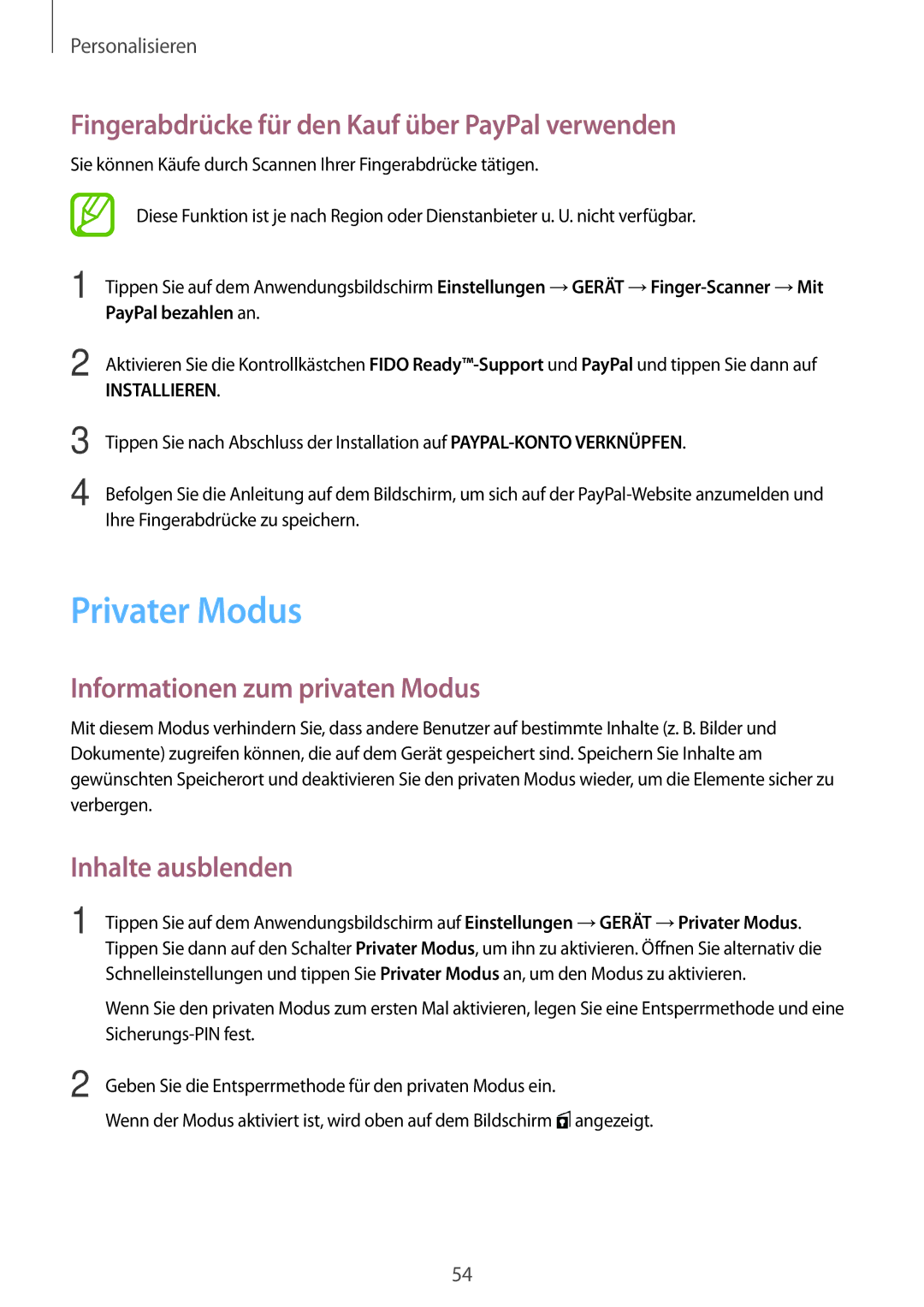 Samsung SM-T800NZWAXEF Privater Modus, Fingerabdrücke für den Kauf über PayPal verwenden, Informationen zum privaten Modus 