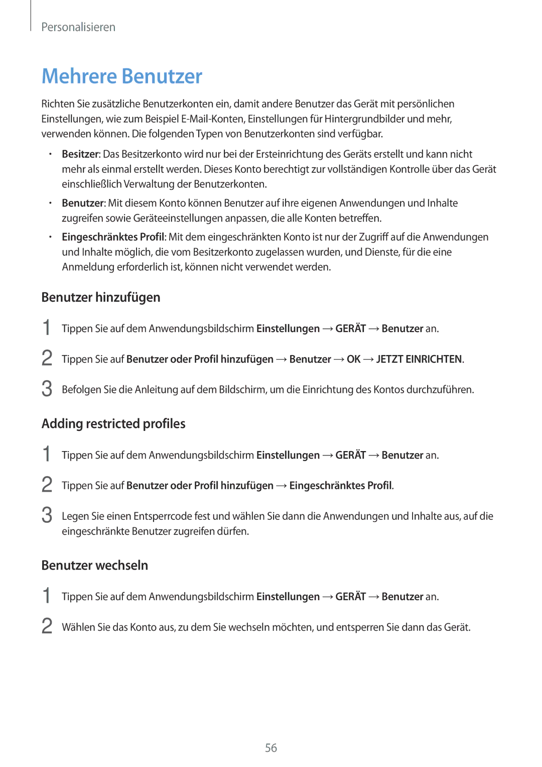 Samsung SM-T800NTSAXEF manual Mehrere Benutzer, Benutzer hinzufügen, Adding restricted profiles, Benutzer wechseln 