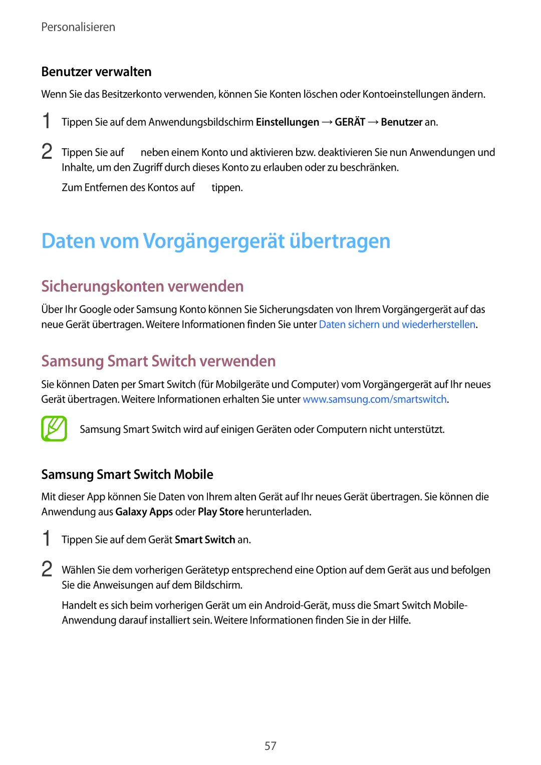 Samsung SM-T800NZWAEUR Daten vom Vorgängergerät übertragen, Sicherungskonten verwenden, Samsung Smart Switch verwenden 