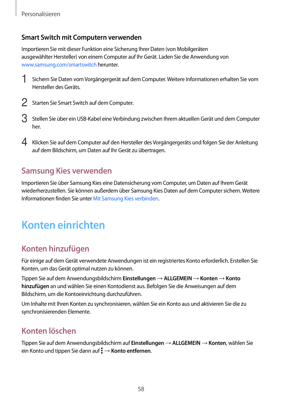 Samsung SM-T800NTSAATO, SM-T800NZWAEUR manual Konten einrichten, Samsung Kies verwenden, Konten hinzufügen, Konten löschen 