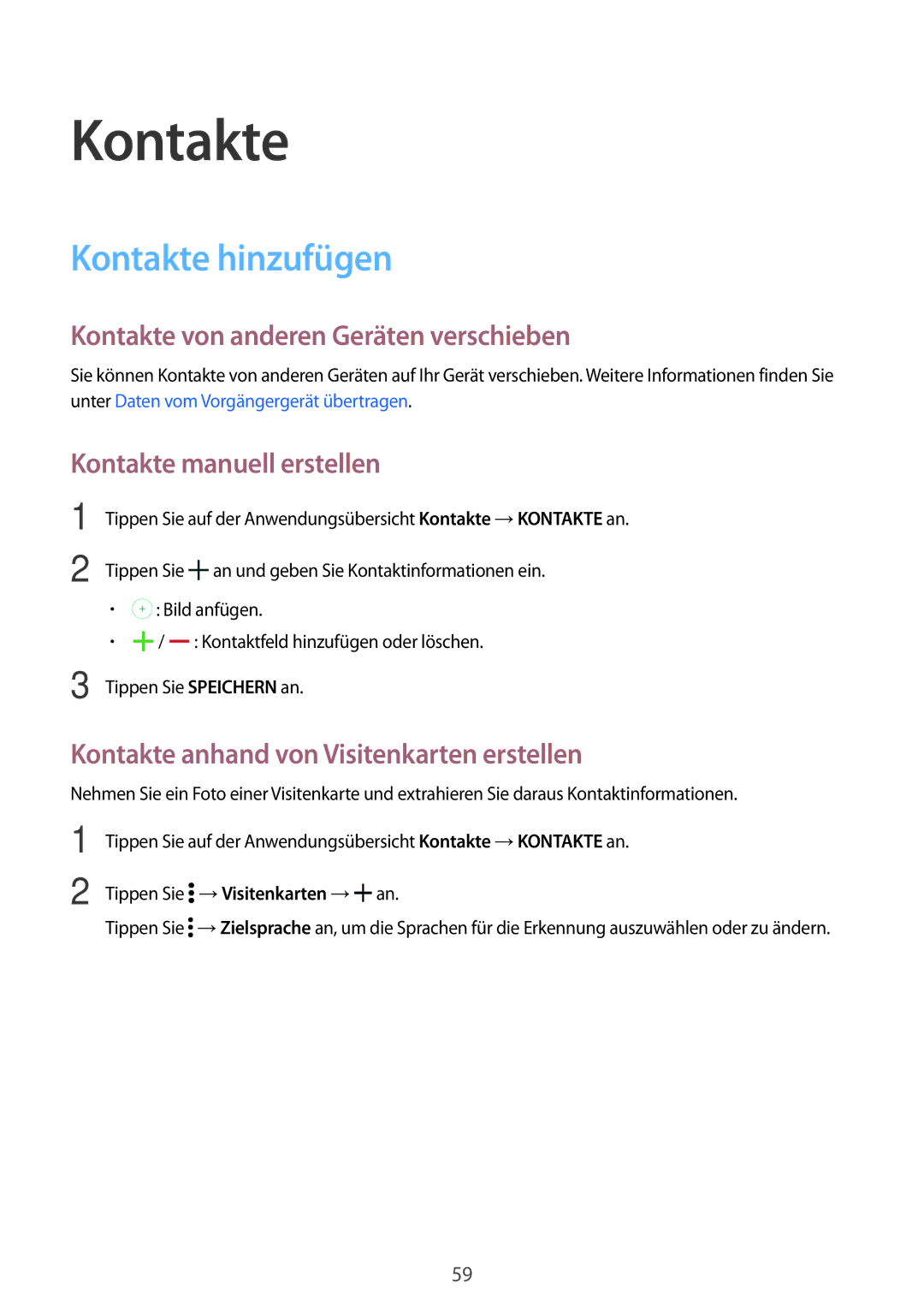 Samsung SM-T800NHAAATO manual Kontakte hinzufügen, Kontakte von anderen Geräten verschieben, Kontakte manuell erstellen 