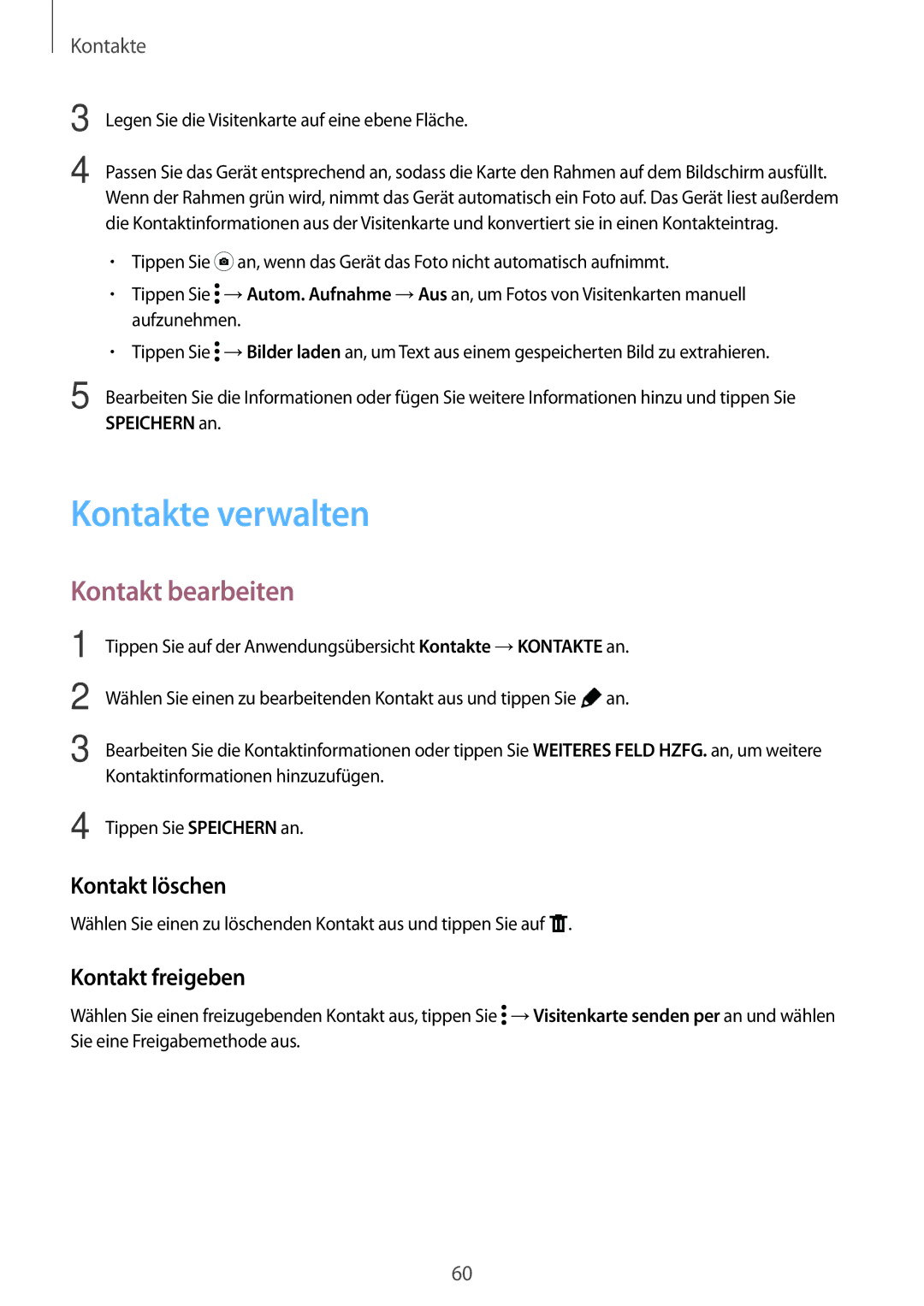 Samsung SM-T800NTSASEB, SM-T800NZWAEUR manual Kontakte verwalten, Kontakt bearbeiten, Kontakt löschen, Kontakt freigeben 