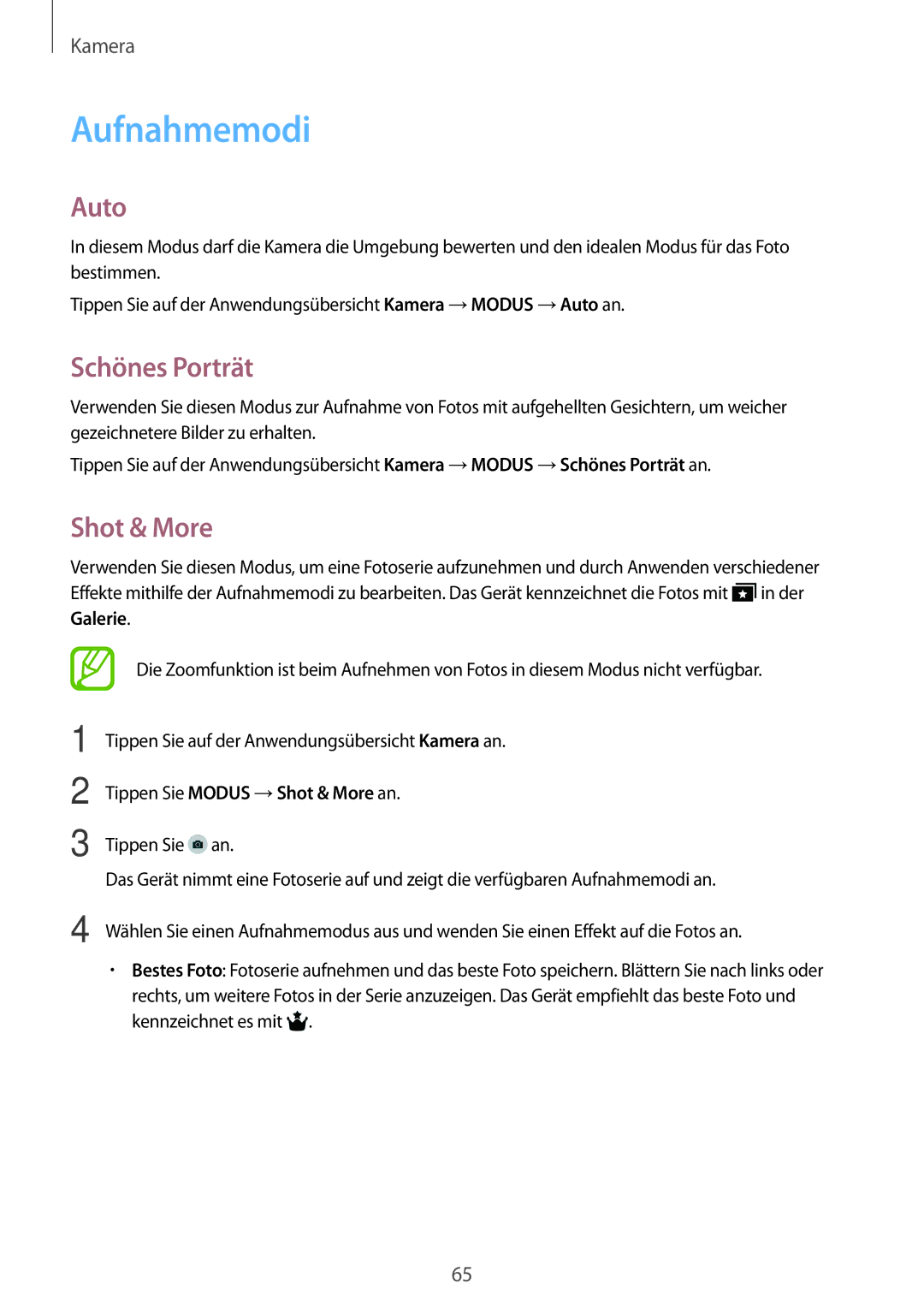 Samsung SM-T800NTSETPH, SM-T800NZWAEUR manual Aufnahmemodi, Auto, Schönes Porträt, Tippen Sie Modus →Shot & More an 