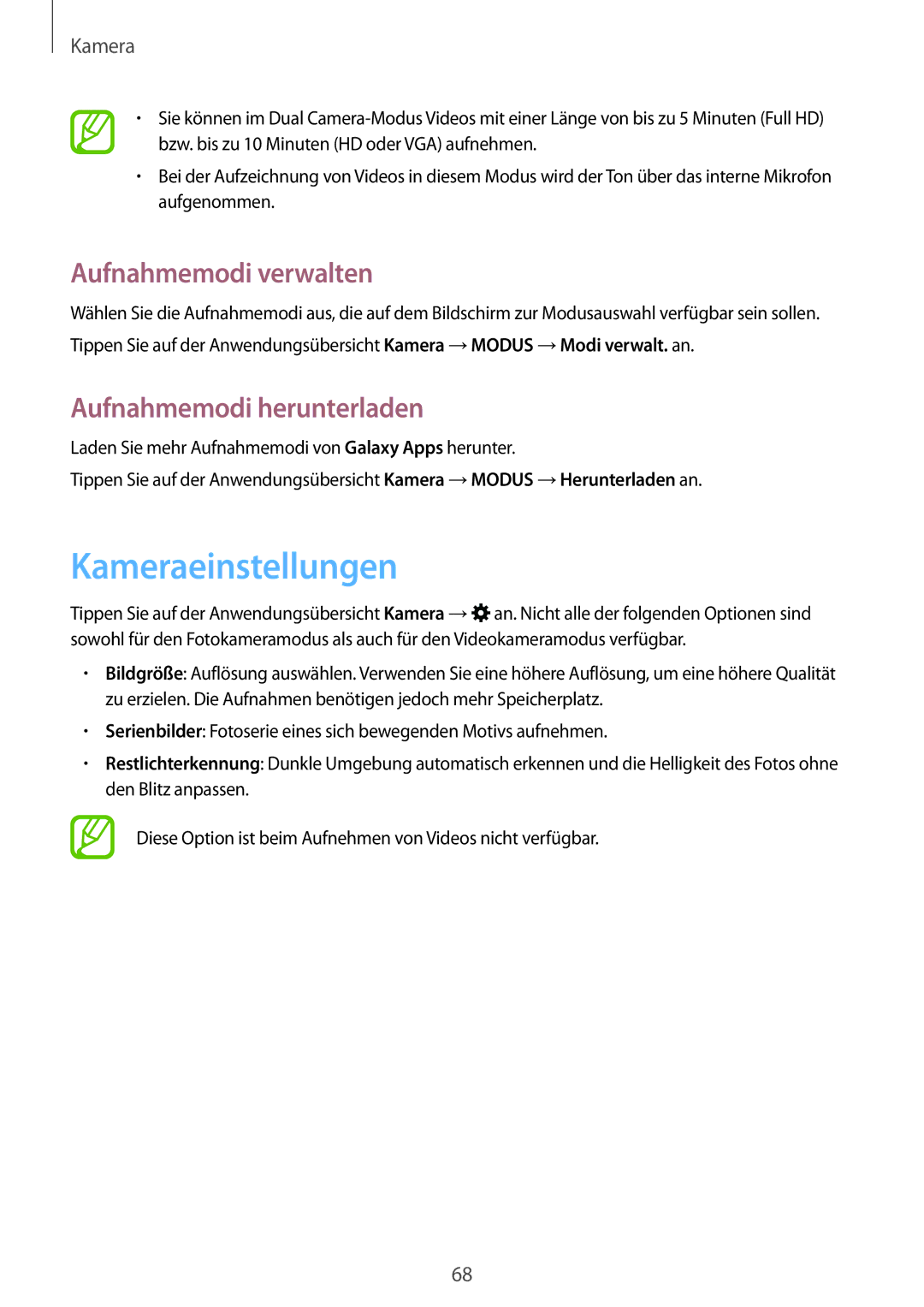 Samsung SM-T800NZWASEB, SM-T800NZWAEUR manual Kameraeinstellungen, Aufnahmemodi verwalten, Aufnahmemodi herunterladen 