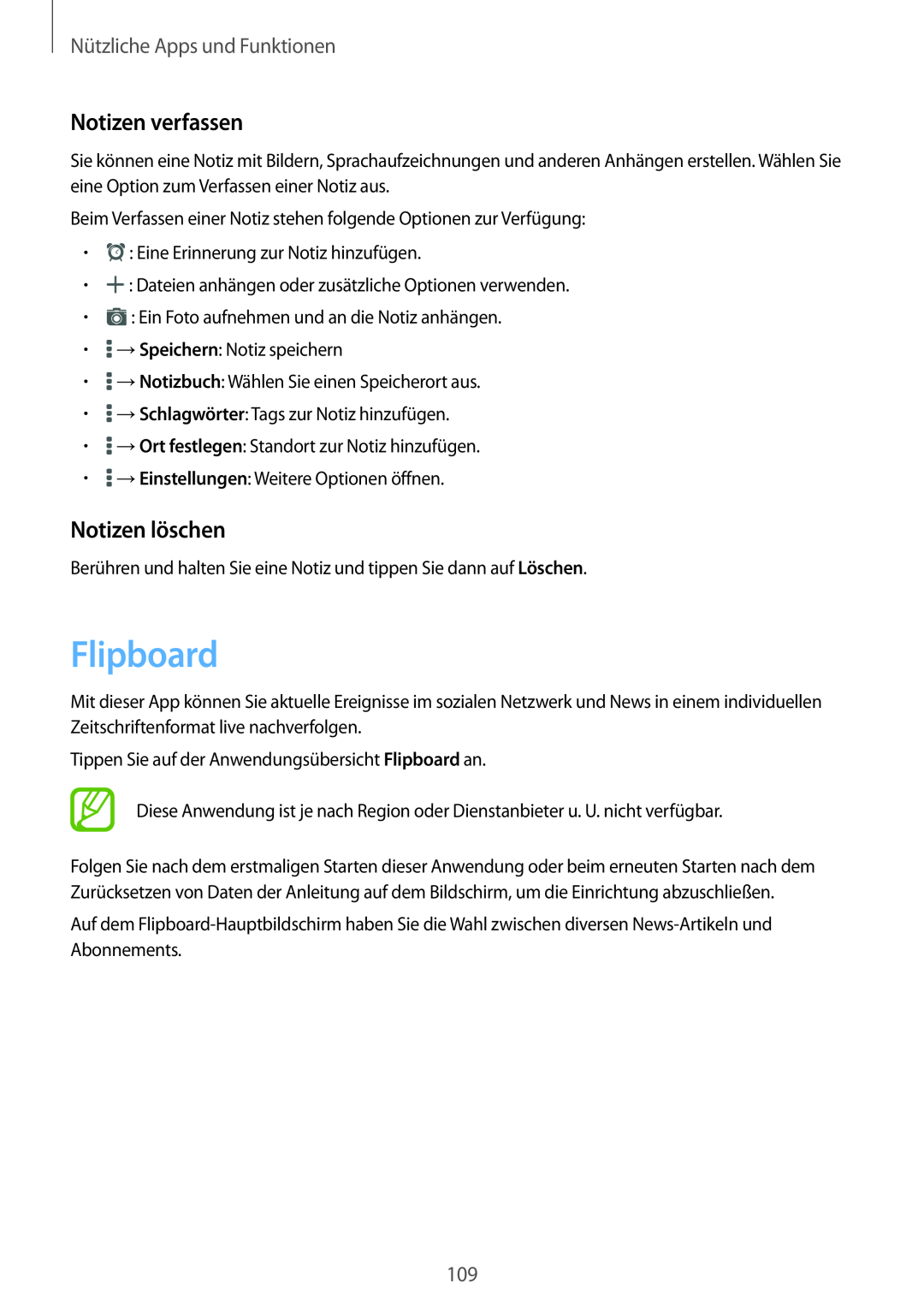 Samsung SM-T800NZWAATO, SM-T800NZWAEUR manual Flipboard, Notizen verfassen, Notizen löschen, Nützliche Apps und Funktionen 