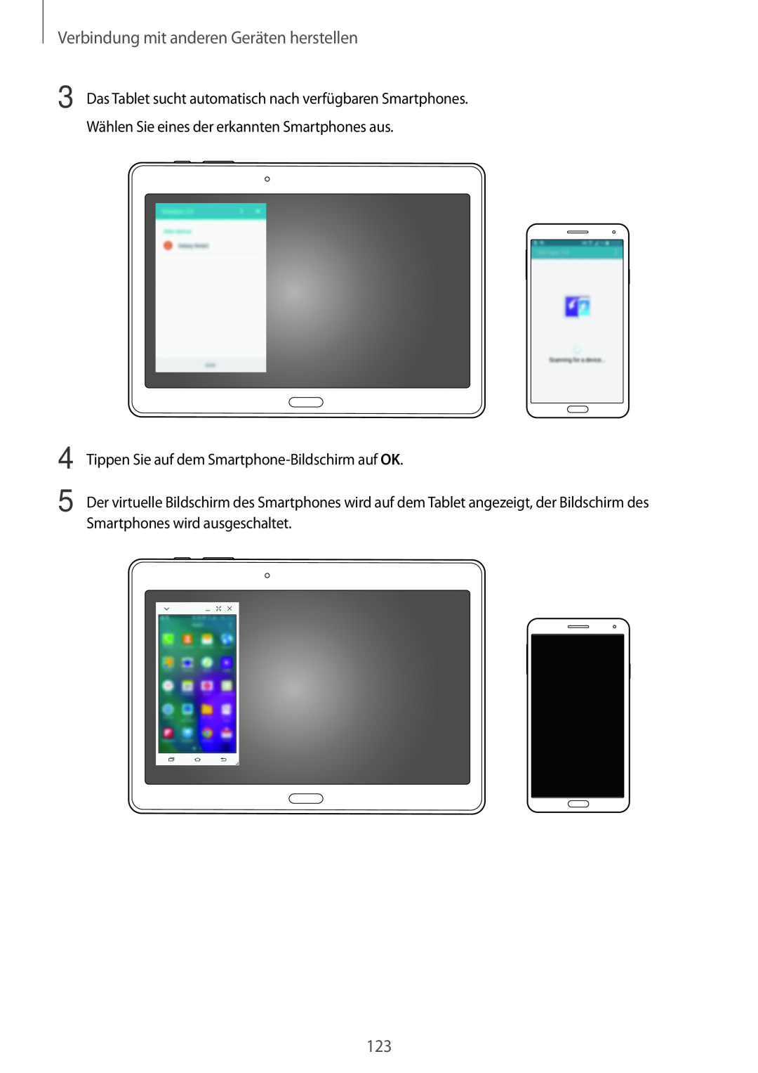 Samsung SM-T800NTSAEUR manual Verbindung mit anderen Geräten herstellen, Tippen Sie auf dem Smartphone-Bildschirm auf OK 
