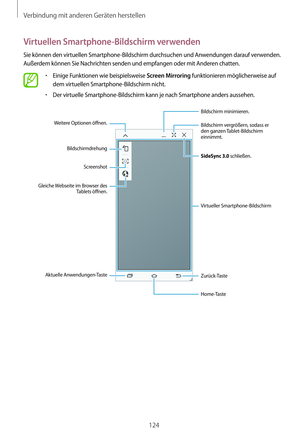 Samsung SM-T800NZWATPH manual Virtuellen Smartphone-Bildschirm verwenden, Verbindung mit anderen Geräten herstellen 