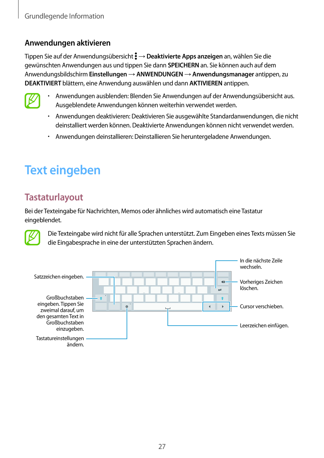 Samsung SM-T800NTSETPH, SM-T800NZWAEUR Text eingeben, Tastaturlayout, Anwendungen aktivieren, Grundlegende Information 