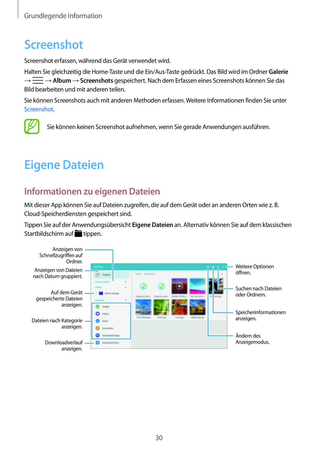Samsung SM-T800NZWASEB manual Screenshot, Eigene Dateien, Informationen zu eigenen Dateien, Grundlegende Information 