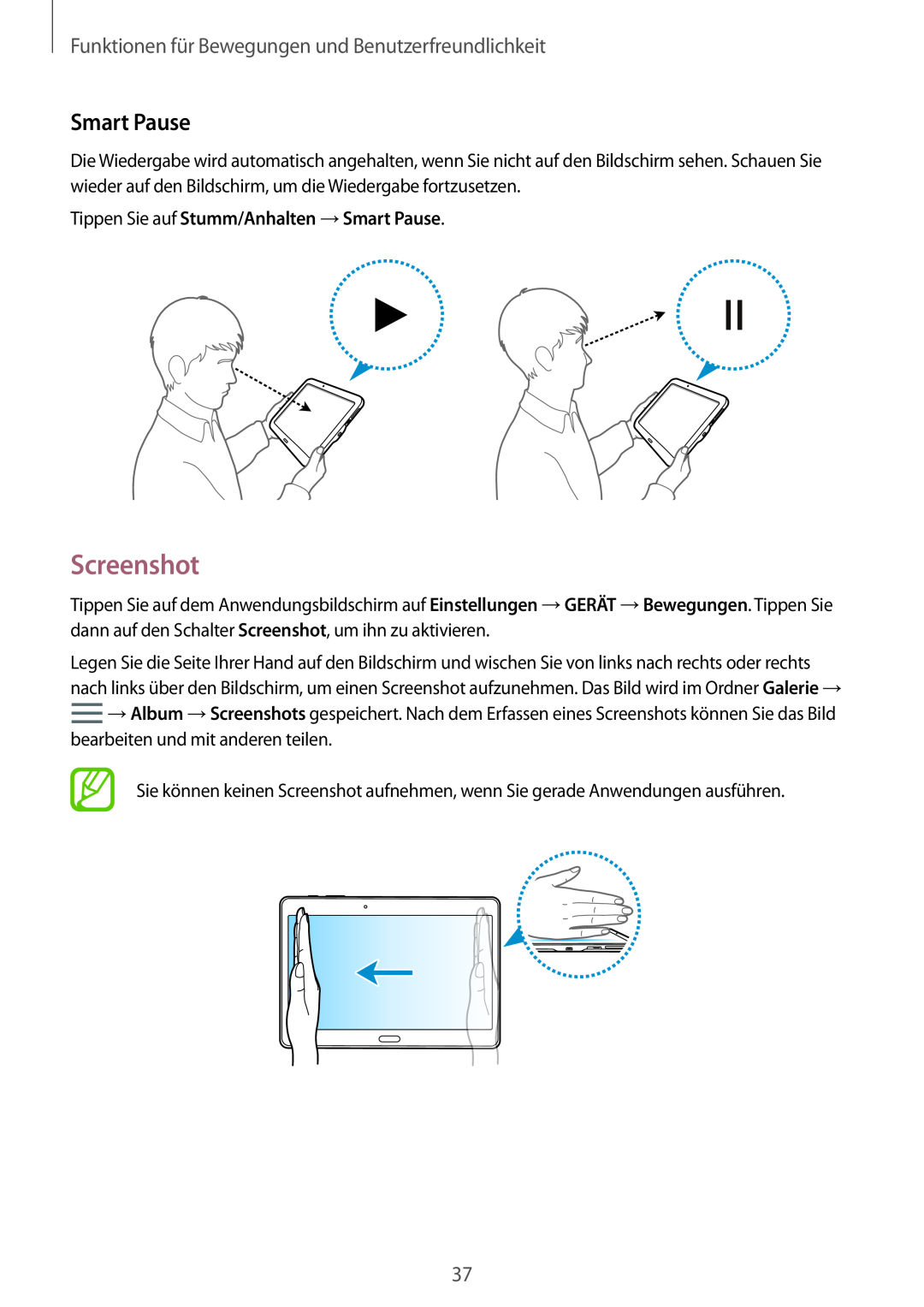 Samsung SM-T800NTSAXEF, SM-T800NZWAEUR manual Screenshot, Smart Pause, Funktionen für Bewegungen und Benutzerfreundlichkeit 