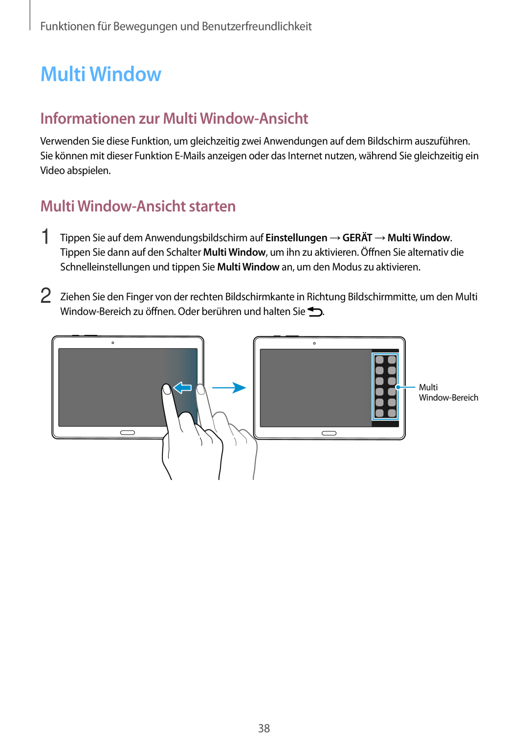 Samsung SM-T800NZWAEUR, SM-T800NTSAATO manual Informationen zur Multi Window-Ansicht, Multi Window-Ansicht starten 
