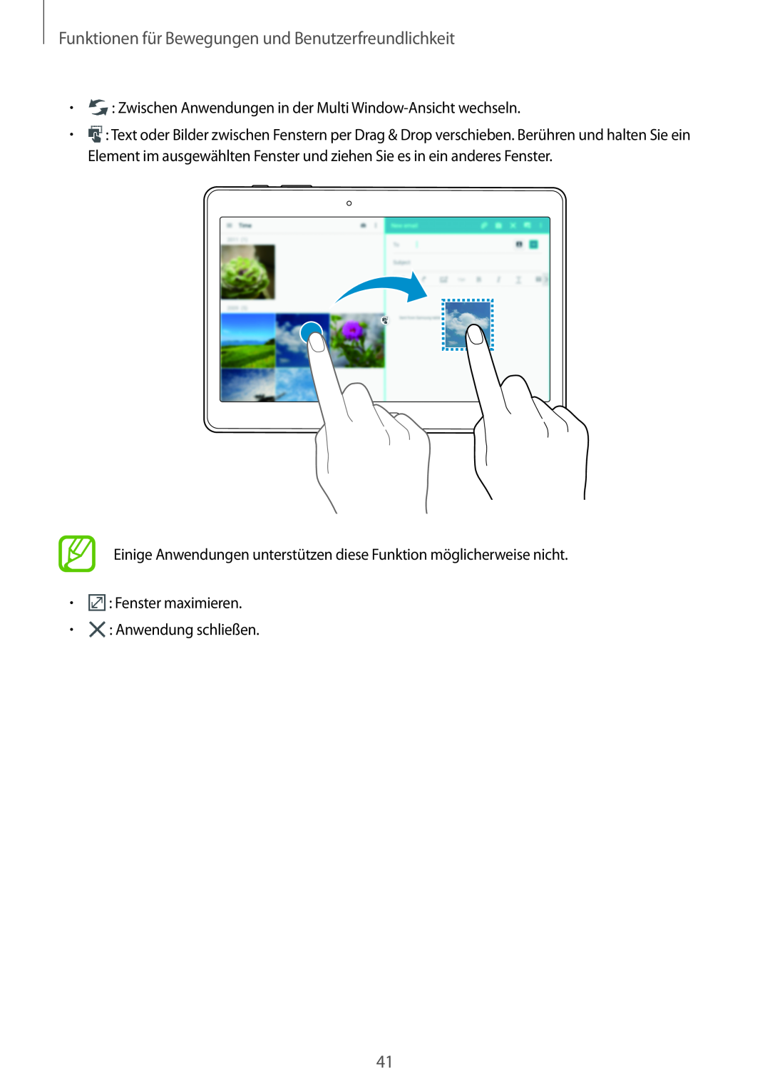 Samsung SM-T800NTSASEB manual Funktionen für Bewegungen und Benutzerfreundlichkeit, Fenster maximieren Anwendung schließen 