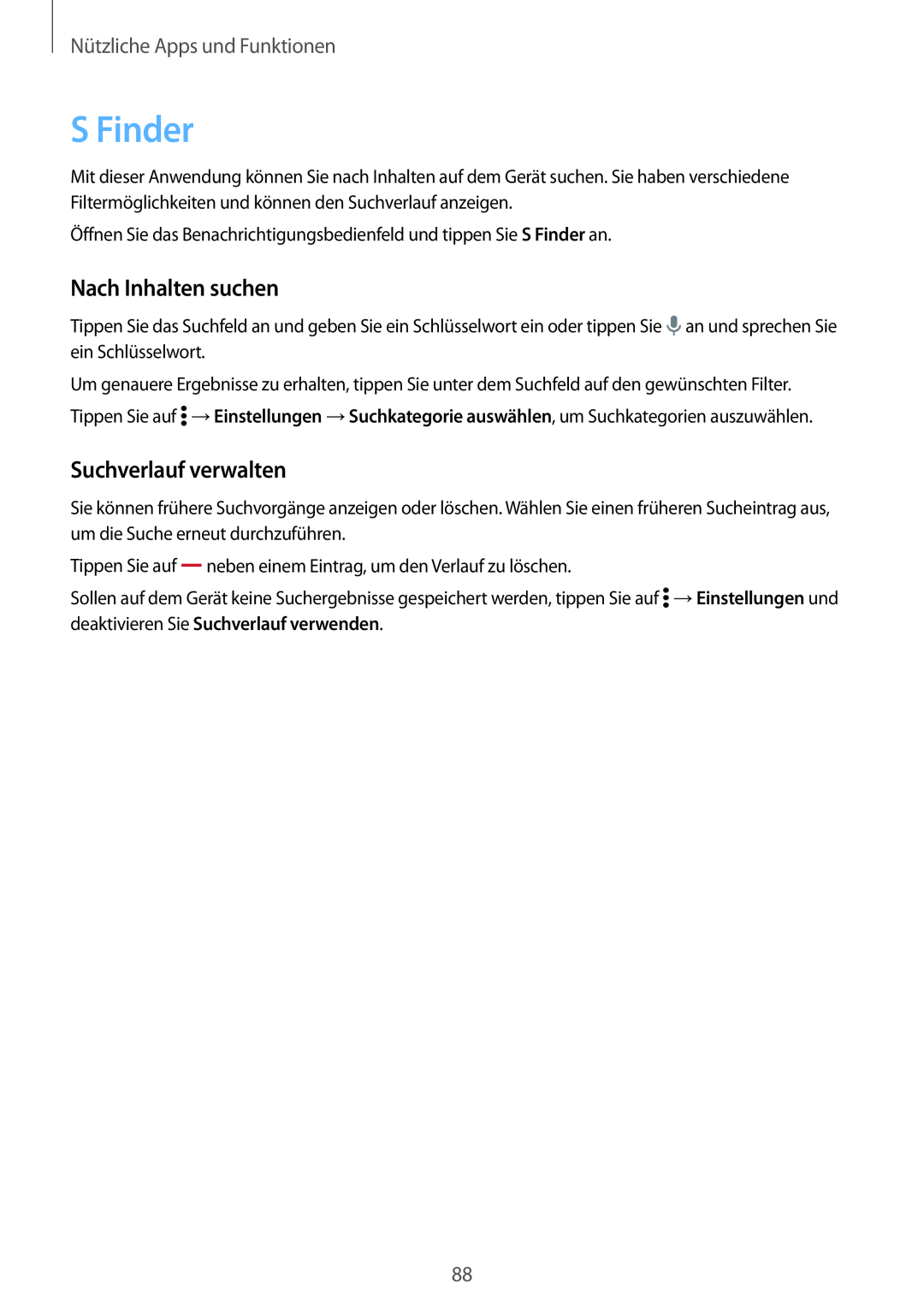 Samsung SM-T800NTSATUR manual S Finder, Nach Inhalten suchen, Suchverlauf verwalten, Nützliche Apps und Funktionen 