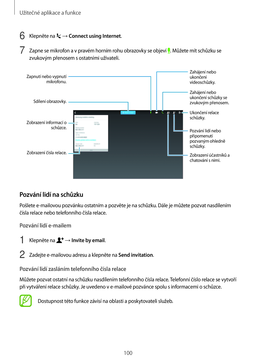 Samsung SM-T800NTSAEUR manual Pozvání lidí na schůzku, Klepněte na →Connect using Internet, Klepněte na →Invite by email 
