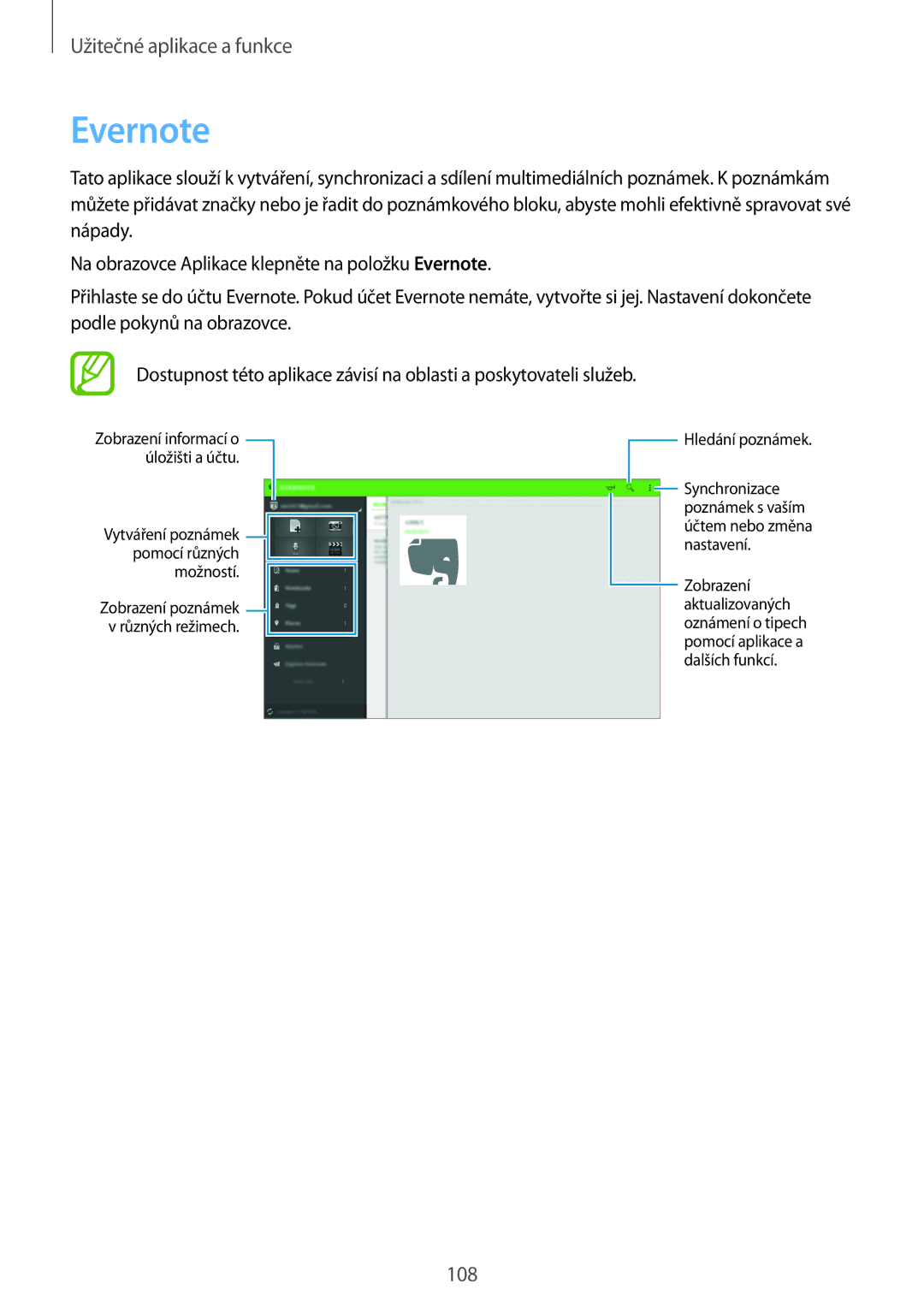 Samsung SM-T800NTSAXSK, SM-T800NZWAEUR, SM-T800NTSAATO, SM-T800NHAAATO, SM-T800NTSAXEO manual Evernote, Hledání poznámek 