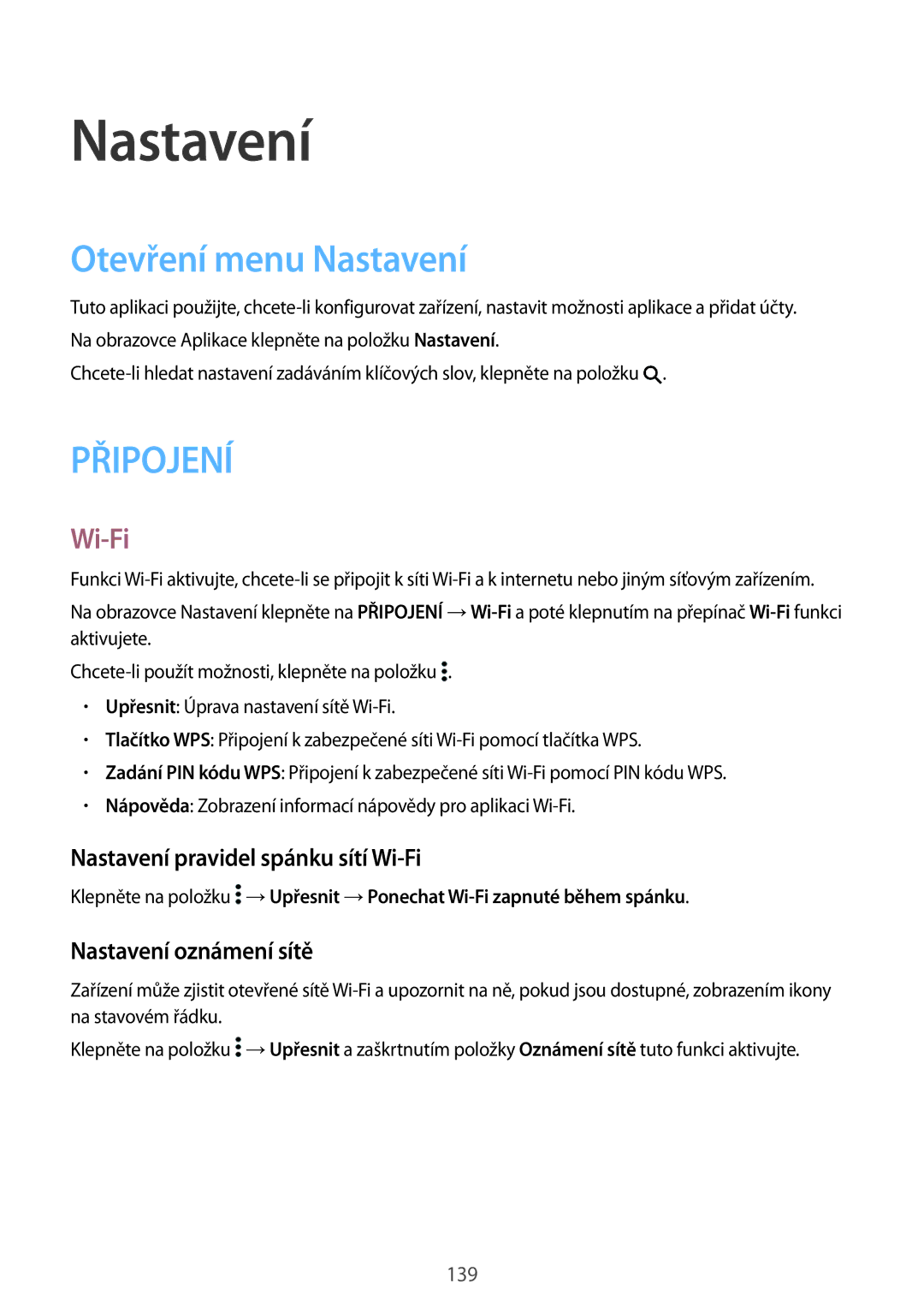 Samsung SM-T800NHAAAUT Otevření menu Nastavení, Nastavení pravidel spánku sítí Wi-Fi, Nastavení oznámení sítě 