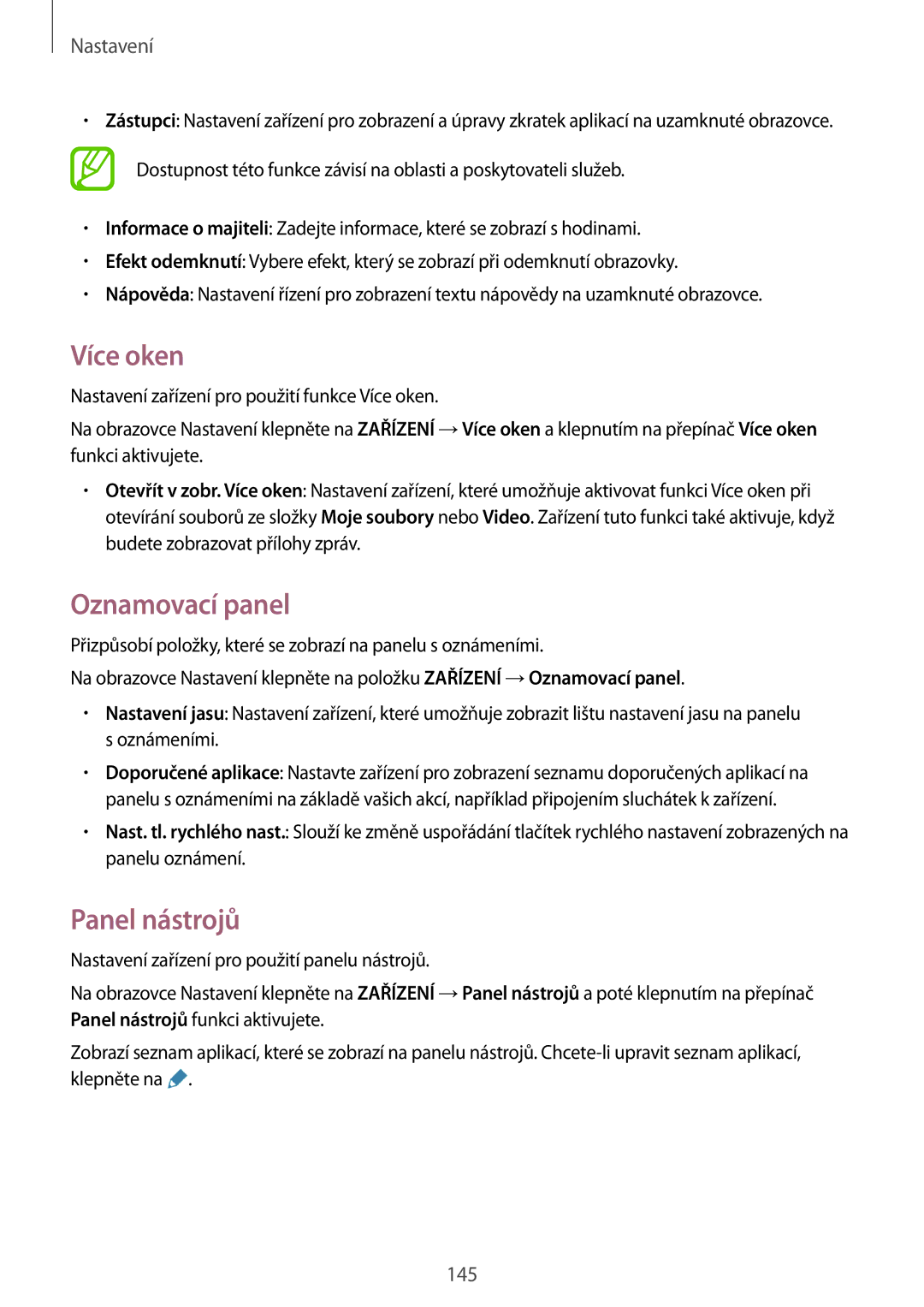 Samsung SM-T800NTSAATO, SM-T800NZWAEUR, SM-T800NHAAATO, SM-T800NTSAXEO manual Více oken, Oznamovací panel, Panel nástrojů 