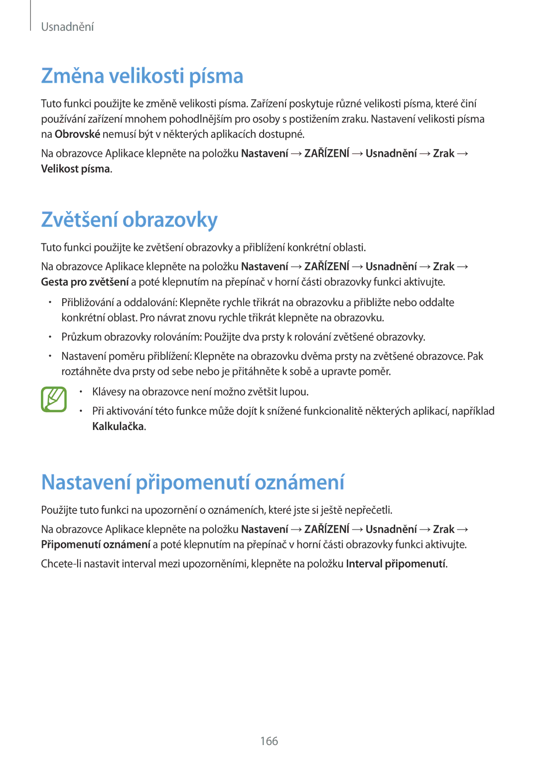 Samsung SM-T800NZWAXEO, SM-T800NZWAEUR manual Změna velikosti písma, Zvětšení obrazovky, Nastavení připomenutí oznámení 