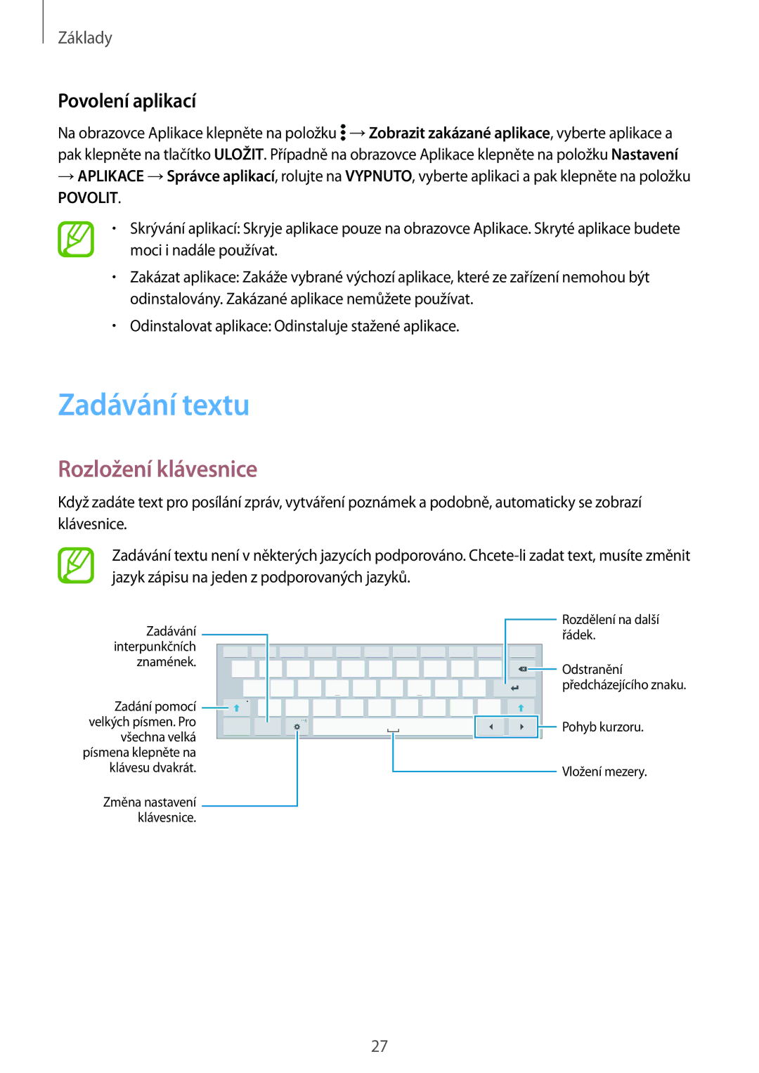 Samsung SM-T800NHAAAUT, SM-T800NZWAEUR, SM-T800NTSAATO manual Zadávání textu, Rozložení klávesnice, Povolení aplikací 