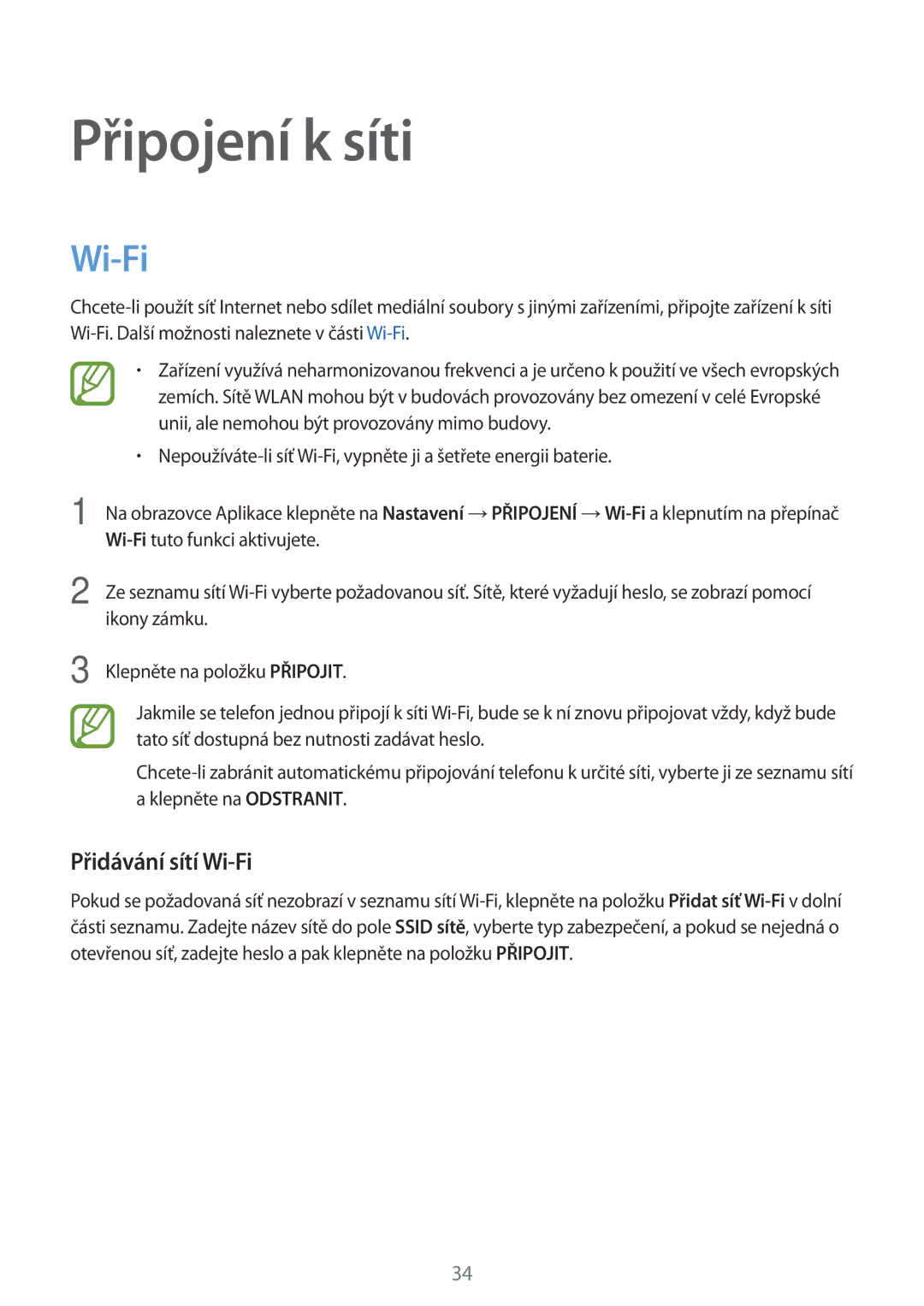 Samsung SM-T800NHAAATO, SM-T800NZWAEUR, SM-T800NTSAATO, SM-T800NTSAXEO manual Připojení k síti, Přidávání sítí Wi-Fi 