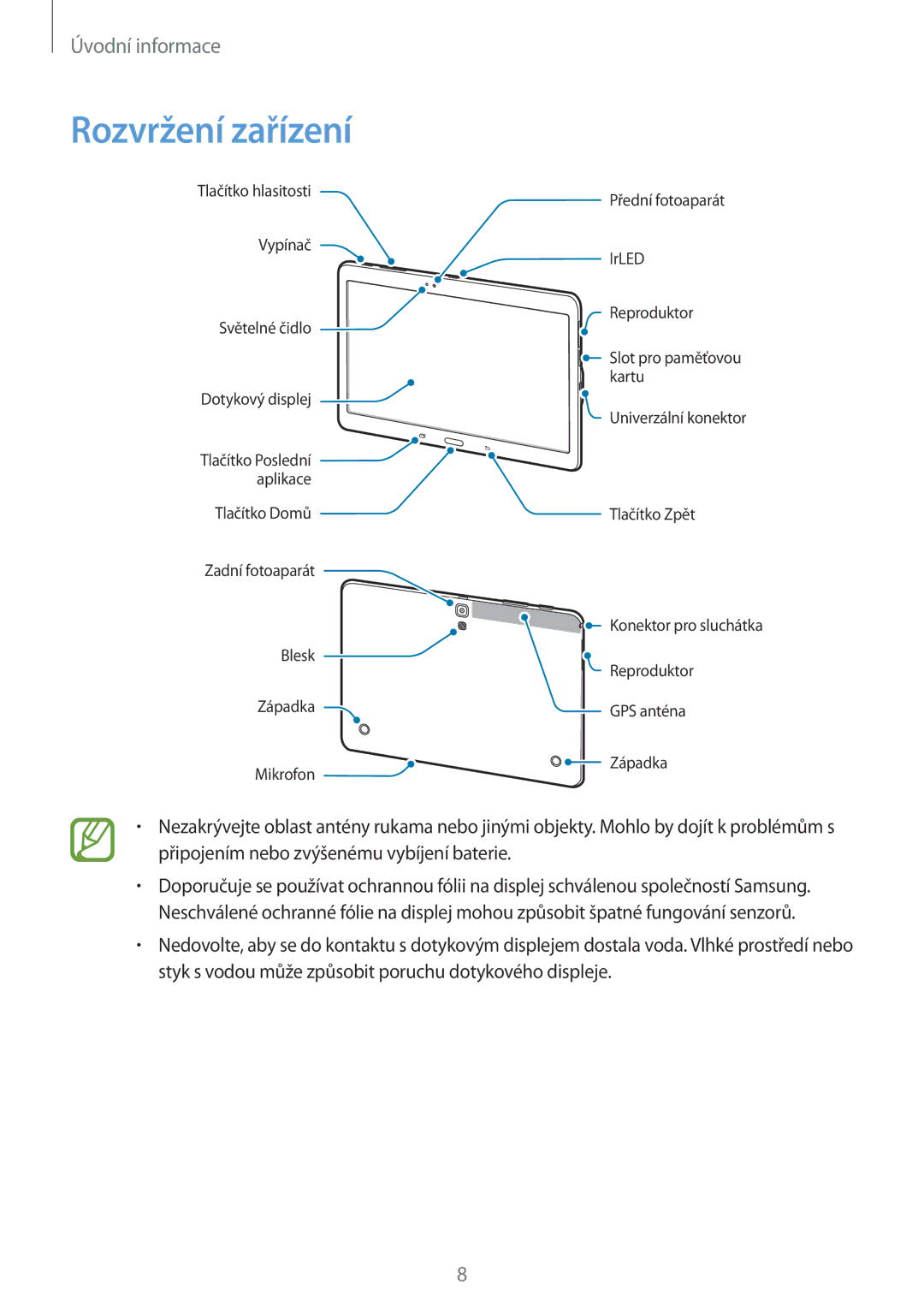 Samsung SM-T800NZWAAUT, SM-T800NZWAEUR, SM-T800NTSAATO, SM-T800NHAAATO, SM-T800NTSAXEO, SM-T800NTSAEUR manual Rozvržení zařízení 