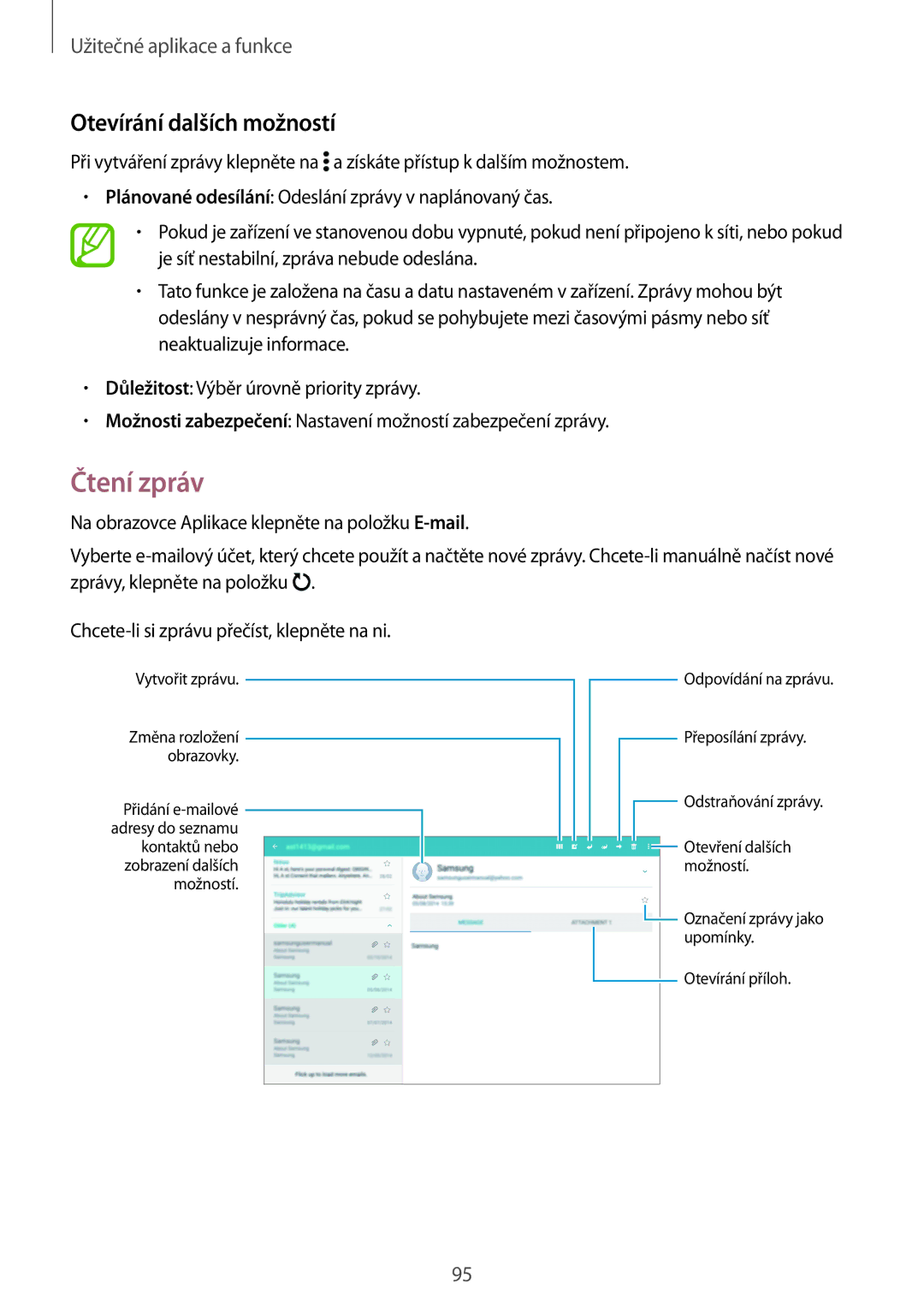 Samsung SM-T800NZWAXEZ, SM-T800NZWAEUR, SM-T800NTSAATO, SM-T800NHAAATO manual Čtení zpráv, Otevírání dalších možností 