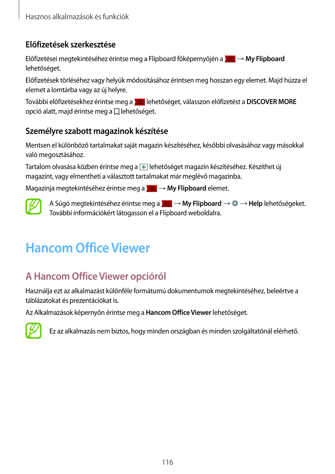 Samsung SM-T800NTSAEUR Hancom Office Viewer opcióról, Előfizetések szerkesztése, Személyre szabott magazinok készítése 