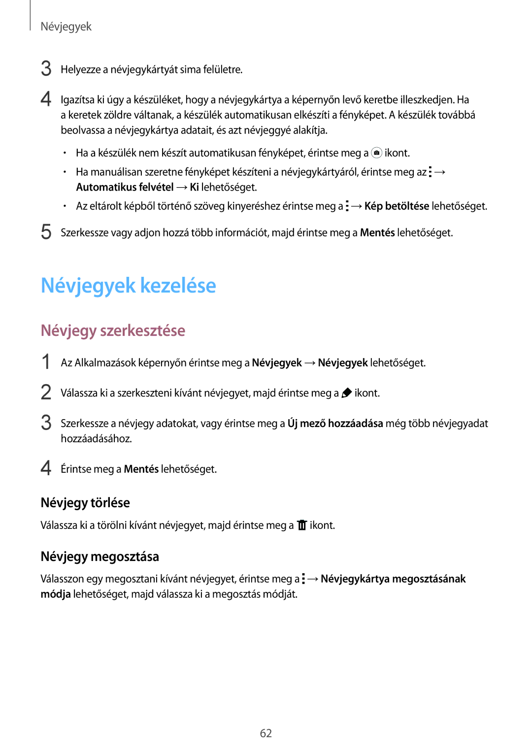 Samsung SM-T800NTSAXEH, SM-T800NZWAEUR manual Névjegyek kezelése, Névjegy szerkesztése, Névjegy törlése, Névjegy megosztása 