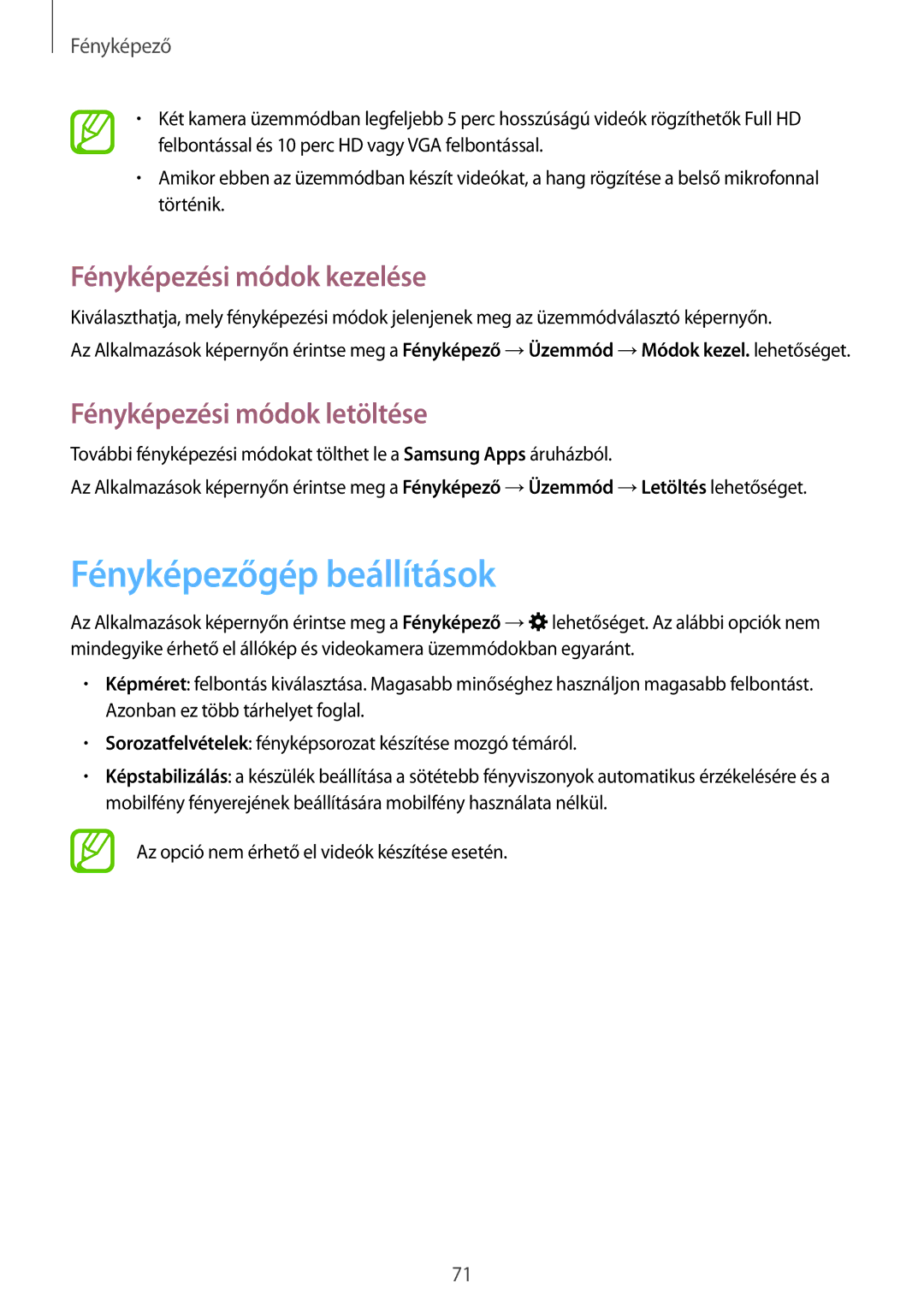 Samsung SM-T800NTSAAUT manual Fényképezőgép beállítások, Fényképezési módok kezelése, Fényképezési módok letöltése 