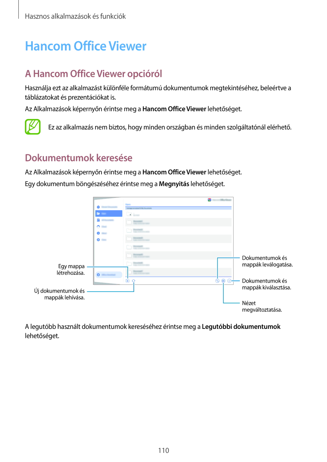 Samsung SM-T800NTSAXEH, SM-T800NZWAEUR, SM-T800NTSAATO manual Hancom Office Viewer opcióról, Dokumentumok keresése 