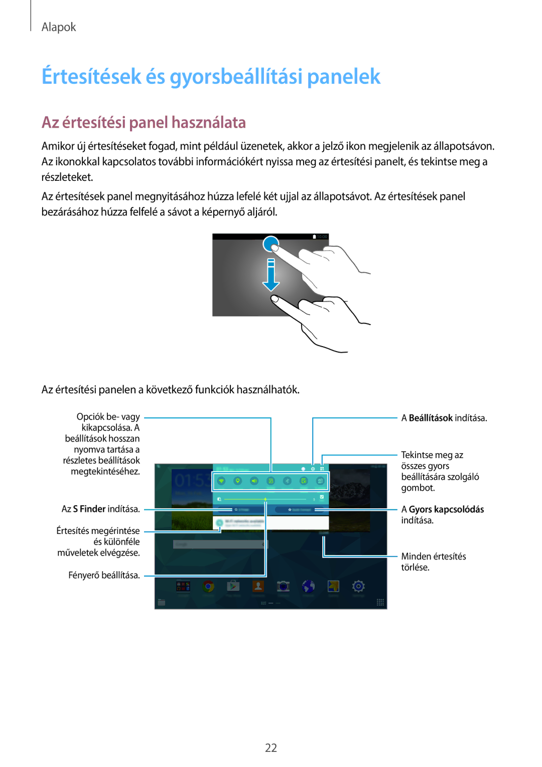 Samsung SM-T800NZWAXEO, SM-T800NZWAEUR manual Értesítések és gyorsbeállítási panelek, Az értesítési panel használata 