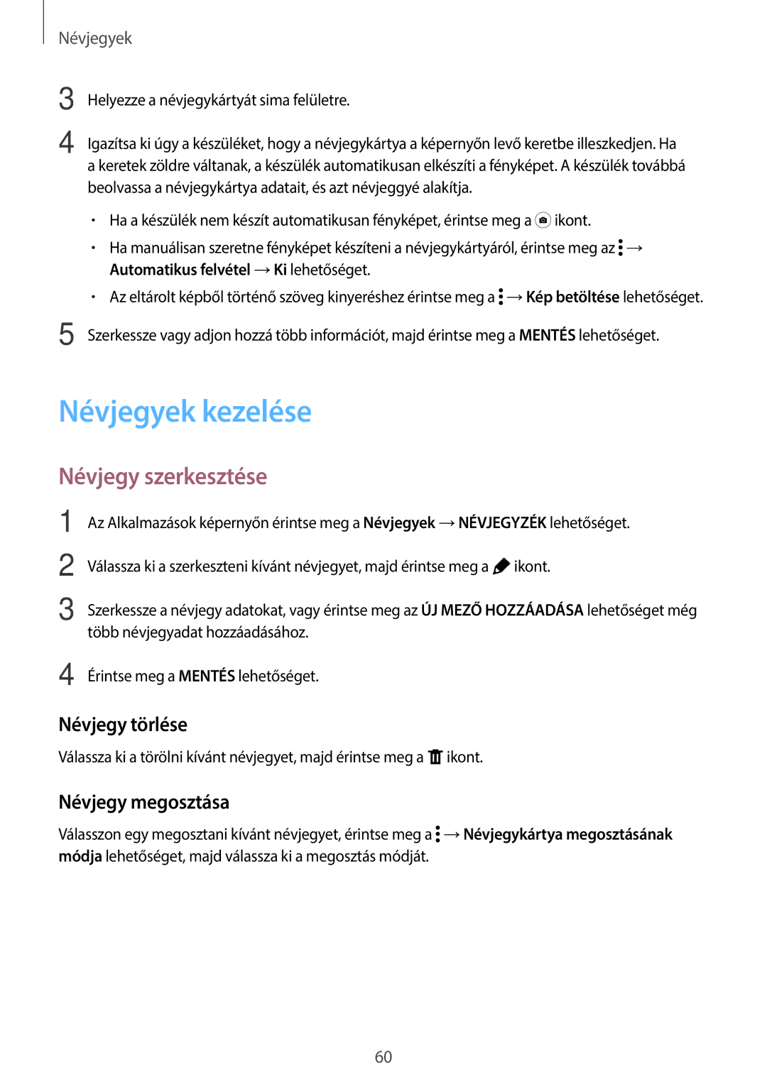 Samsung SM-T800NTSAXSK, SM-T800NZWAEUR manual Névjegyek kezelése, Névjegy szerkesztése, Névjegy törlése, Névjegy megosztása 