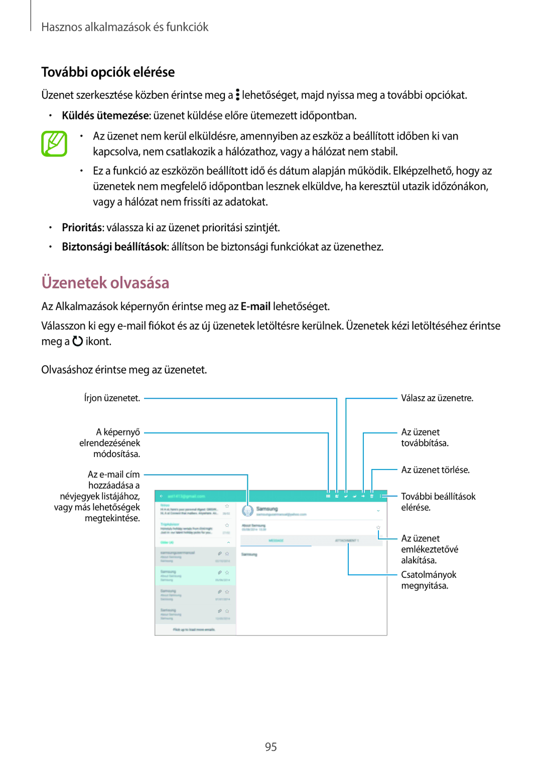 Samsung SM-T800NZWAXEZ, SM-T800NZWAEUR, SM-T800NTSAATO, SM-T800NHAAATO manual Üzenetek olvasása, További opciók elérése 