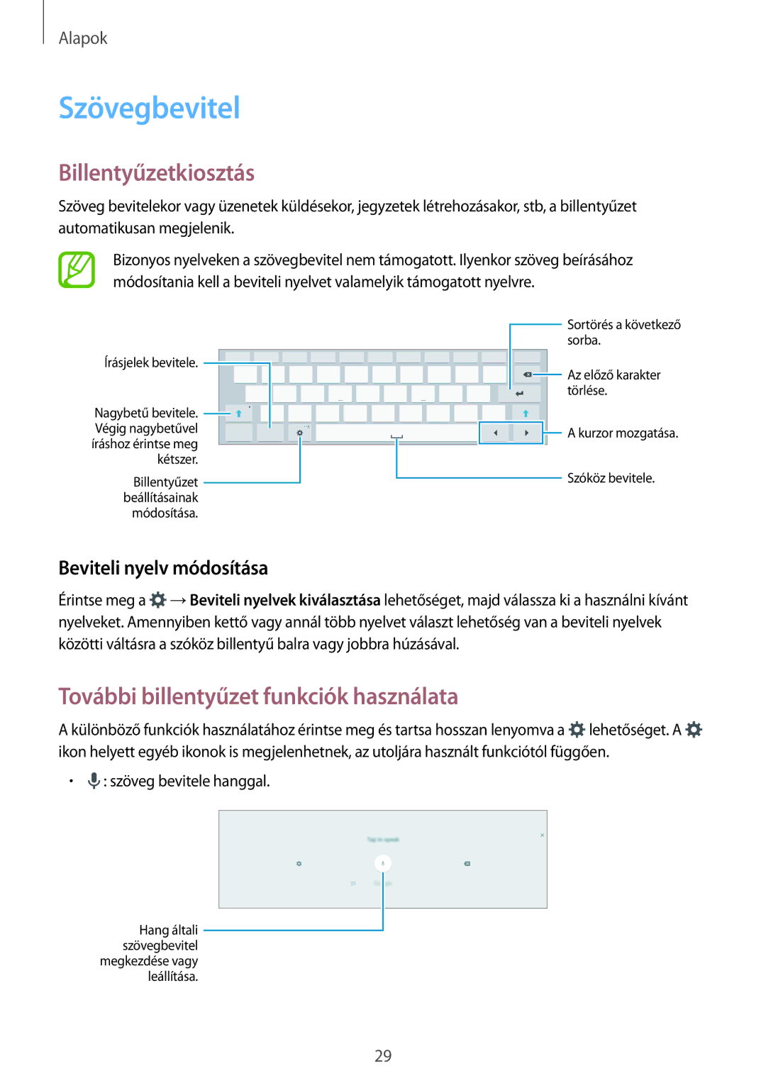 Samsung SM-T800NHAAAUT, SM-T800NZWAEUR manual Szövegbevitel, Billentyűzetkiosztás, További billentyűzet funkciók használata 