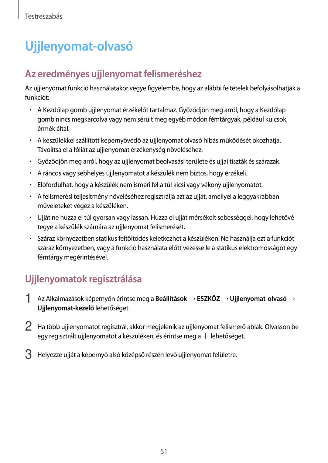 Samsung SM-T800NZWAEUR manual Ujjlenyomat-olvasó, Az eredményes ujjlenyomat felismeréshez, Ujjlenyomatok regisztrálása 