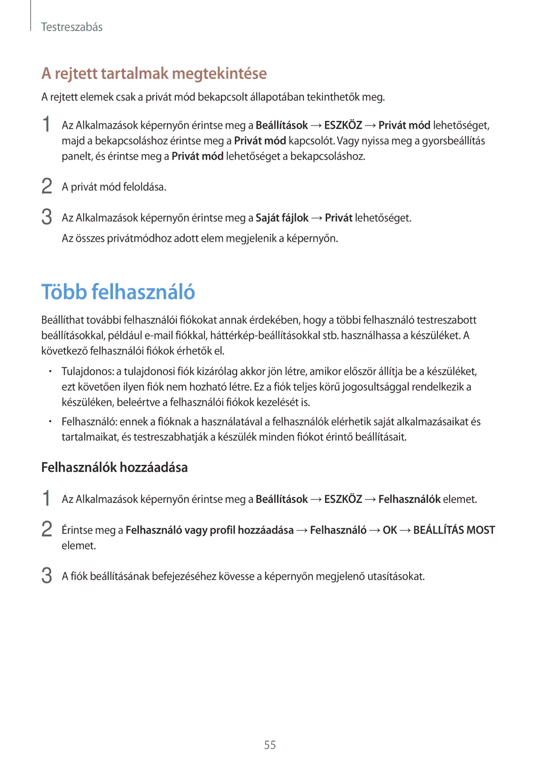 Samsung SM-T800NTSAEUR, SM-T800NZWAEUR manual Több felhasználó, Rejtett tartalmak megtekintése, Felhasználók hozzáadása 