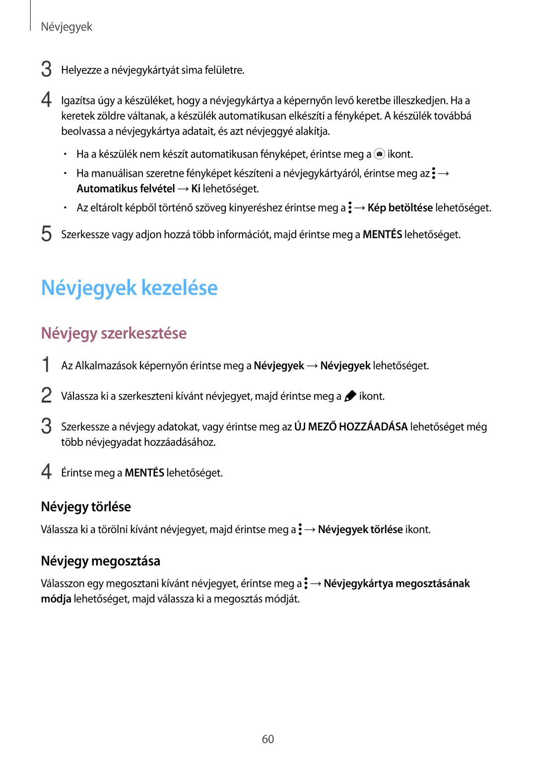 Samsung SM-T700NTSAXEH, SM-T800NZWAEUR manual Névjegyek kezelése, Névjegy szerkesztése, Névjegy törlése, Névjegy megosztása 