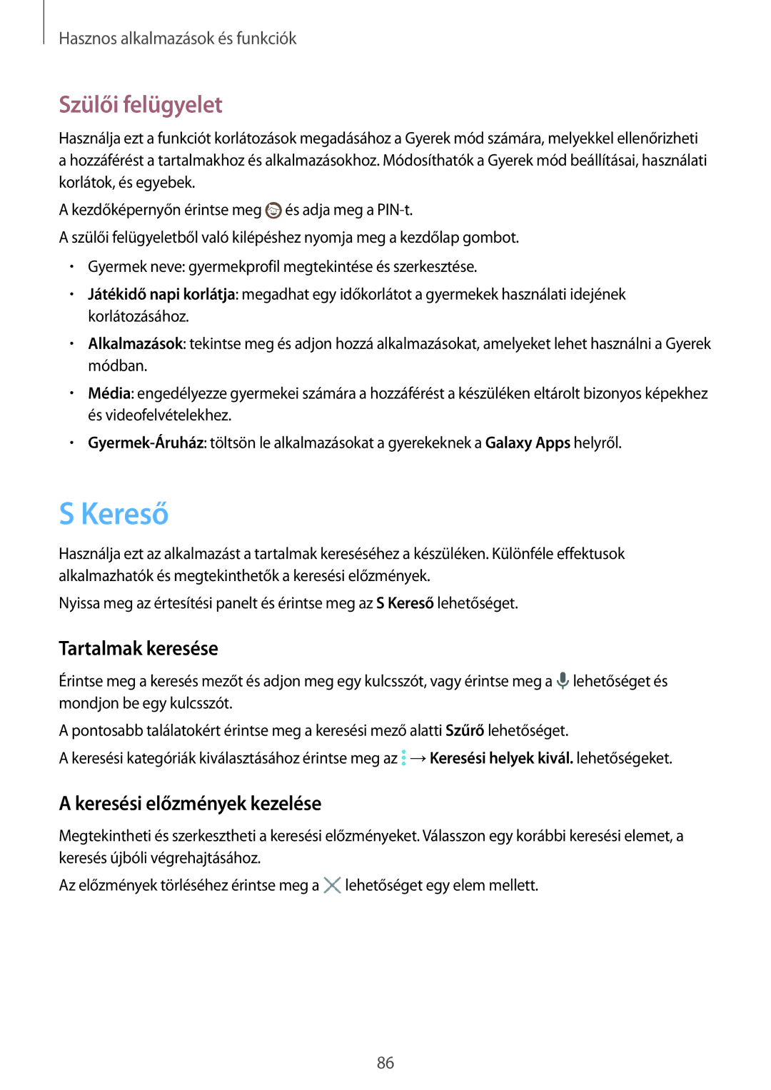 Samsung SM-T800NTSAATO, SM-T800NZWAEUR manual Kereső, Szülői felügyelet, Tartalmak keresése, Keresési előzmények kezelése 